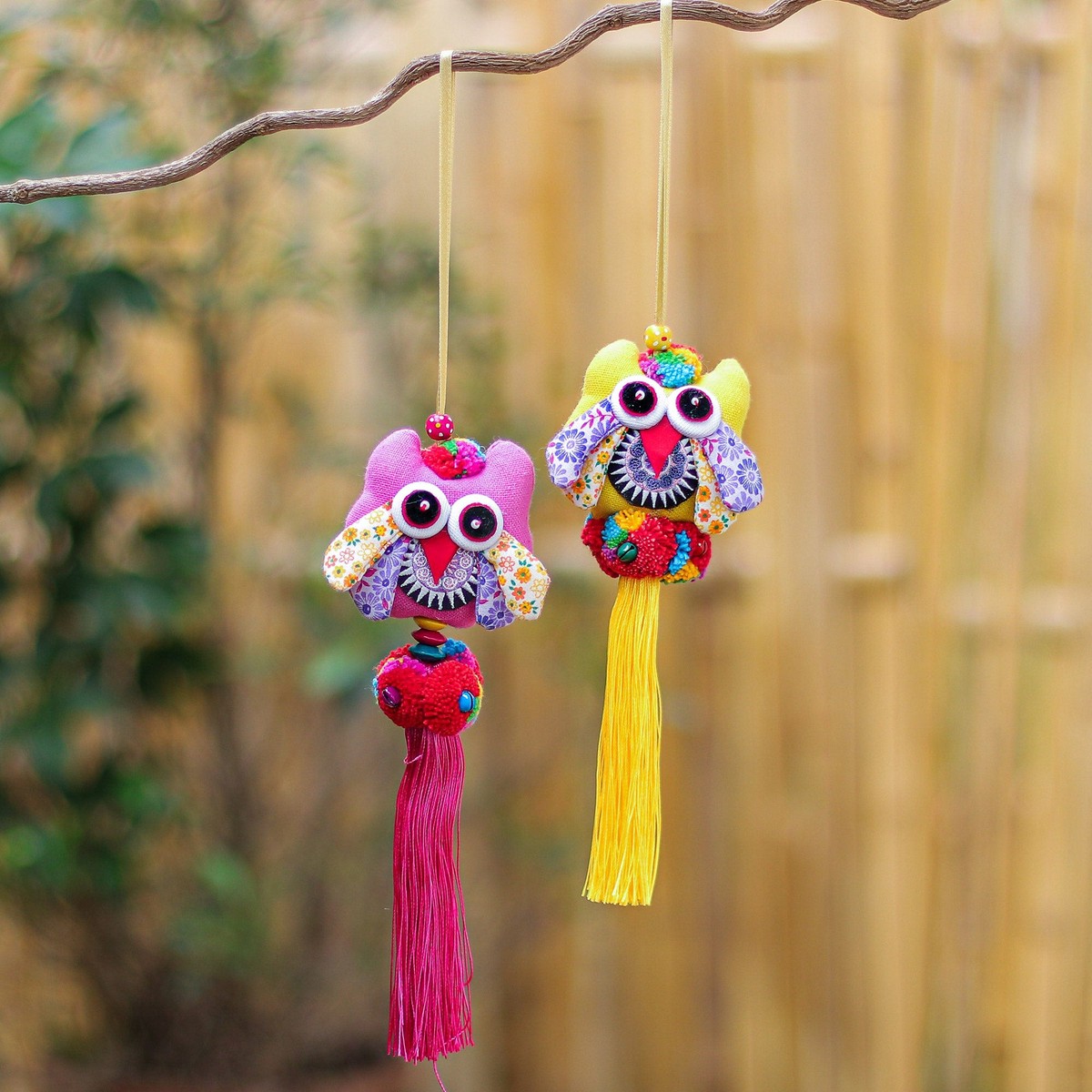 Hand Crafted Cotton-Blend Owl Ornaments (Pair) - Festive Owl in Pink-Yellow