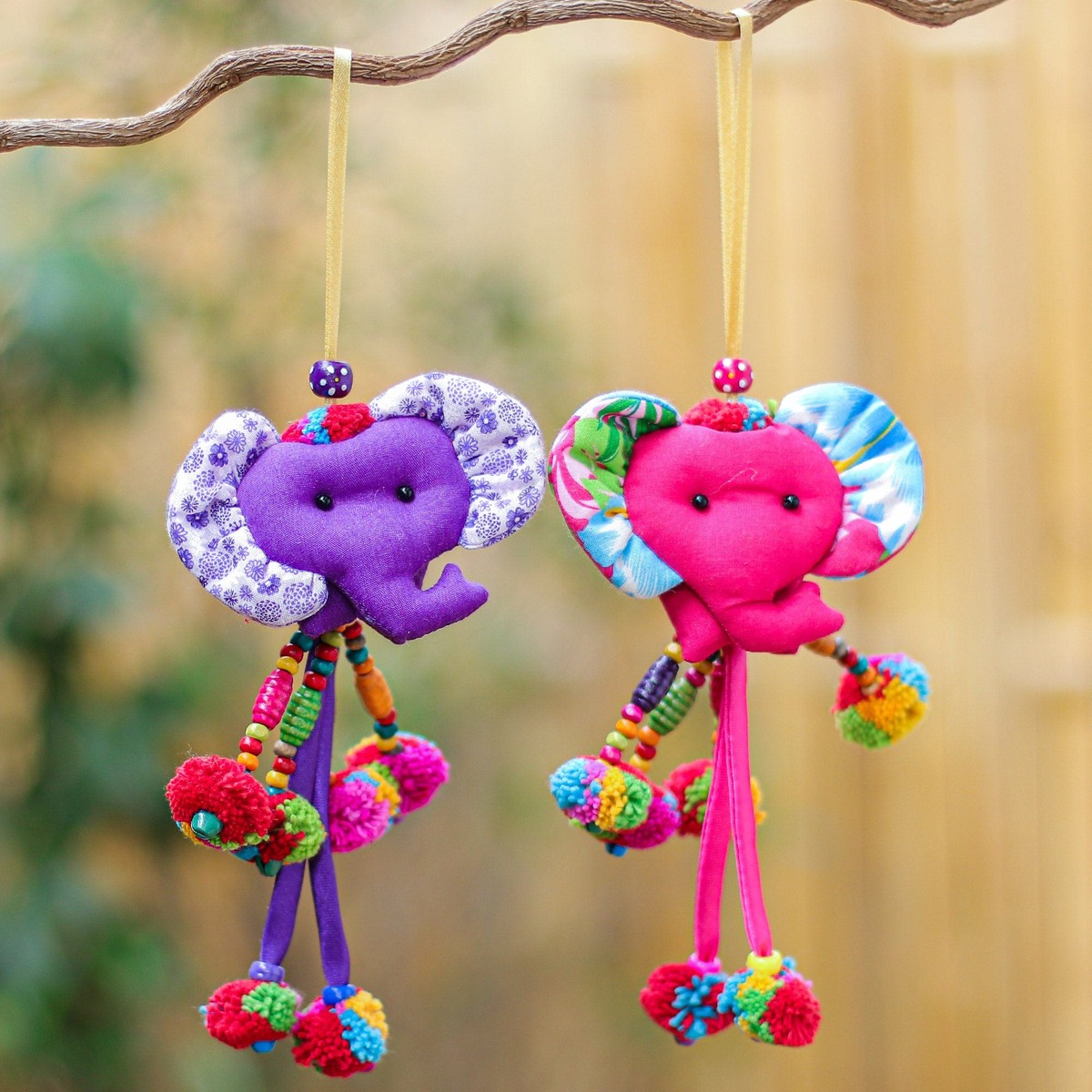 Hand Crafted Cotton-Blend Ornaments from Thailand (Pair) - Mini Tusk in Purple-Pink