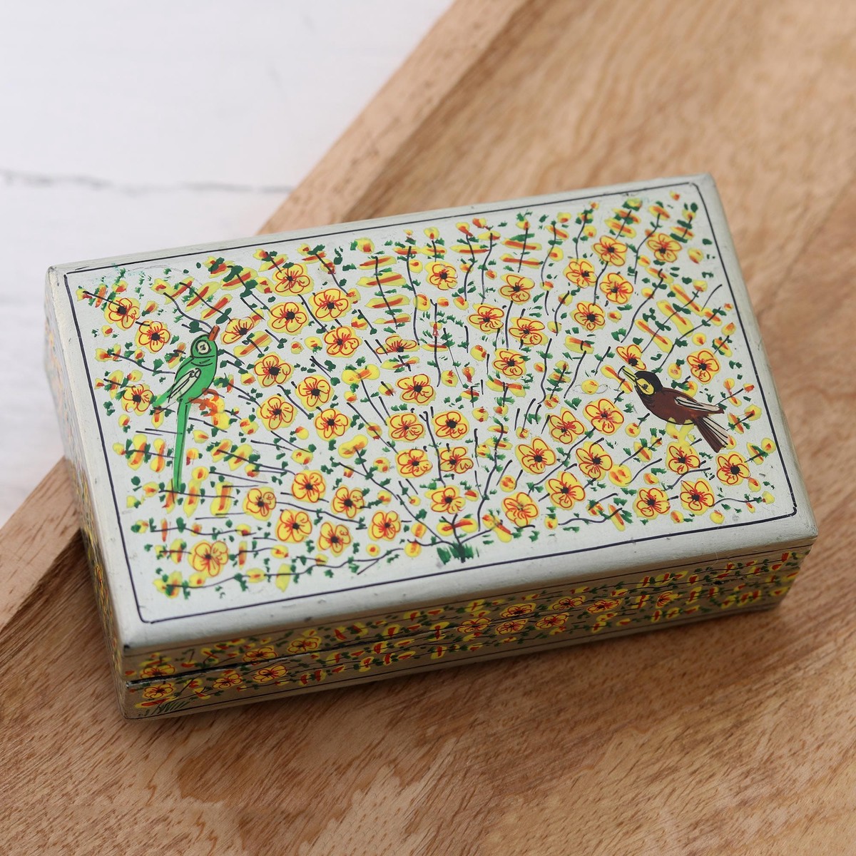 Hand Crafted Decorative Wood and Papier Mache Box – Sing-Song in Silver