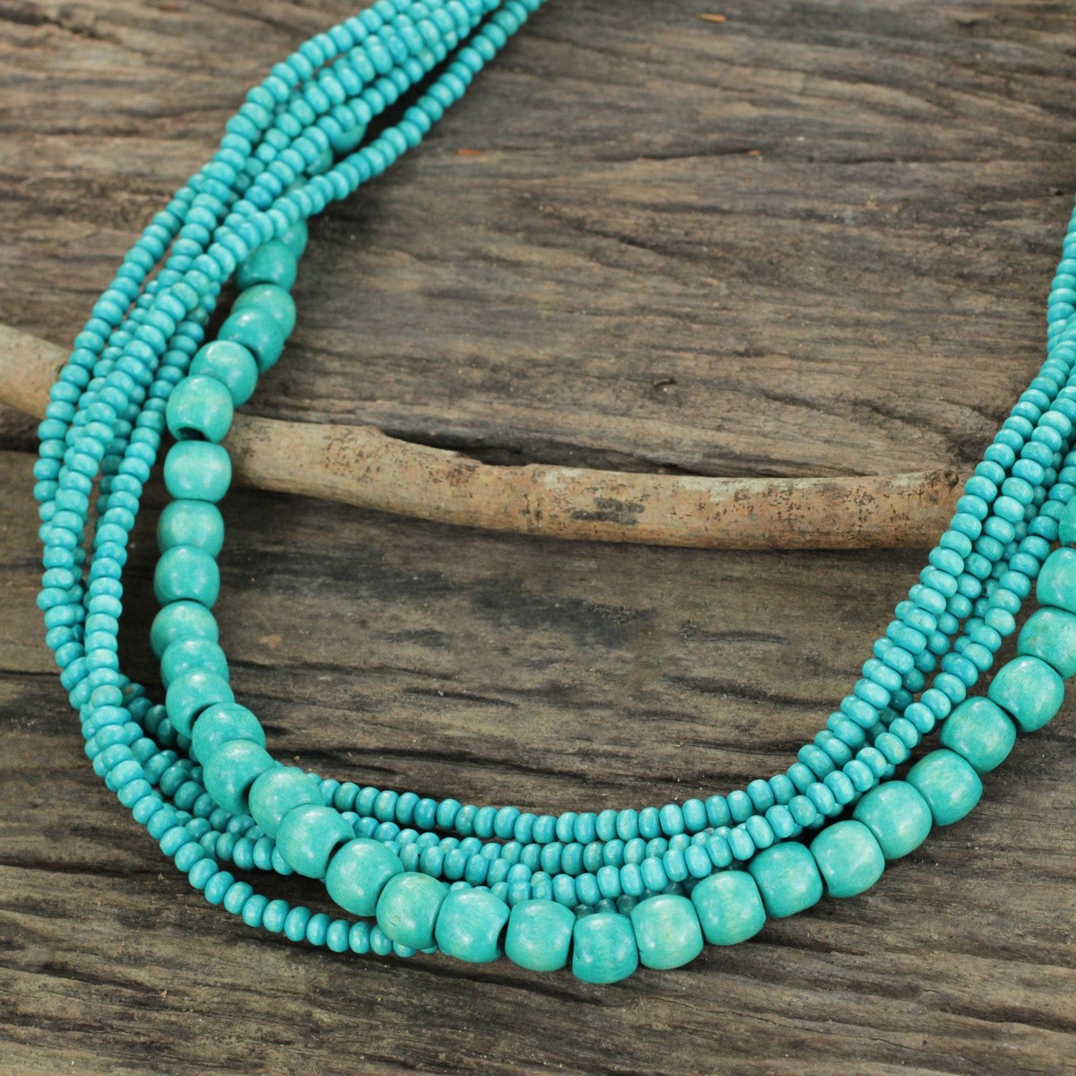 Hand Crafted Necklace with Turquoise Blue Wood Beads – Bayou Dance