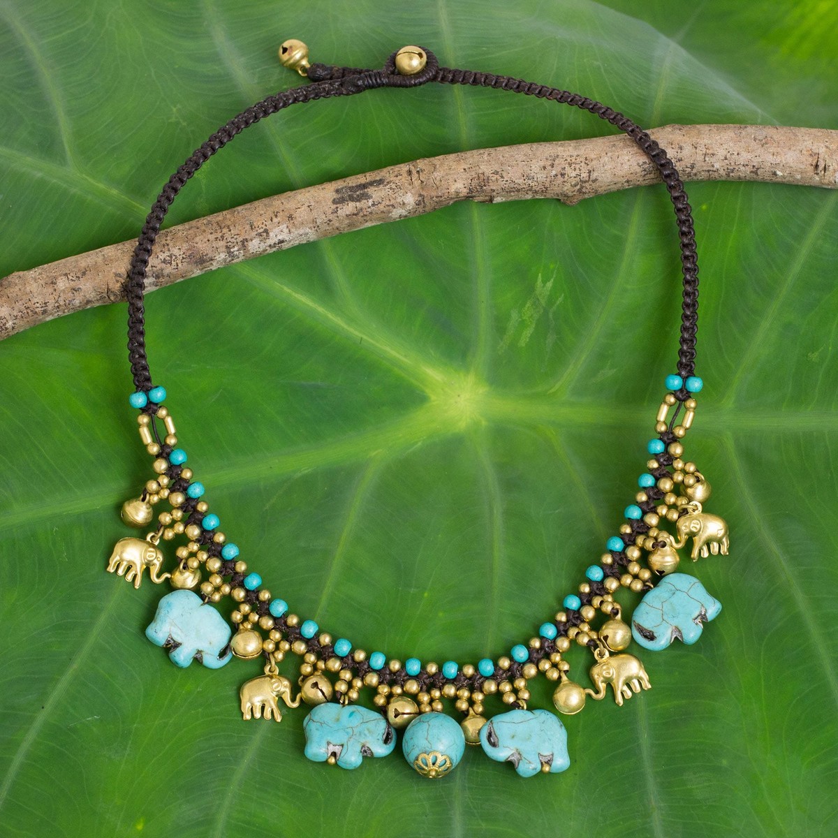 Hand Crafted Necklace with Brass and Blue Calcite Elephants – Blue Elephant Charm