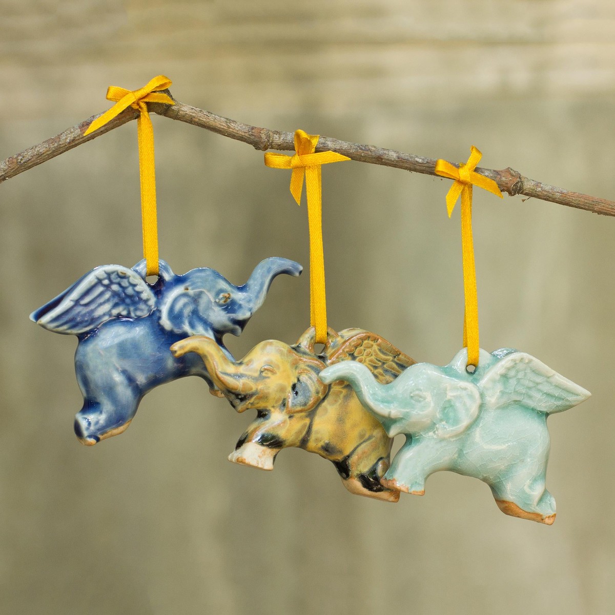 Hand Crafted Ornaments in Celadon Ceramic (Set of 3) - Flying Elephants