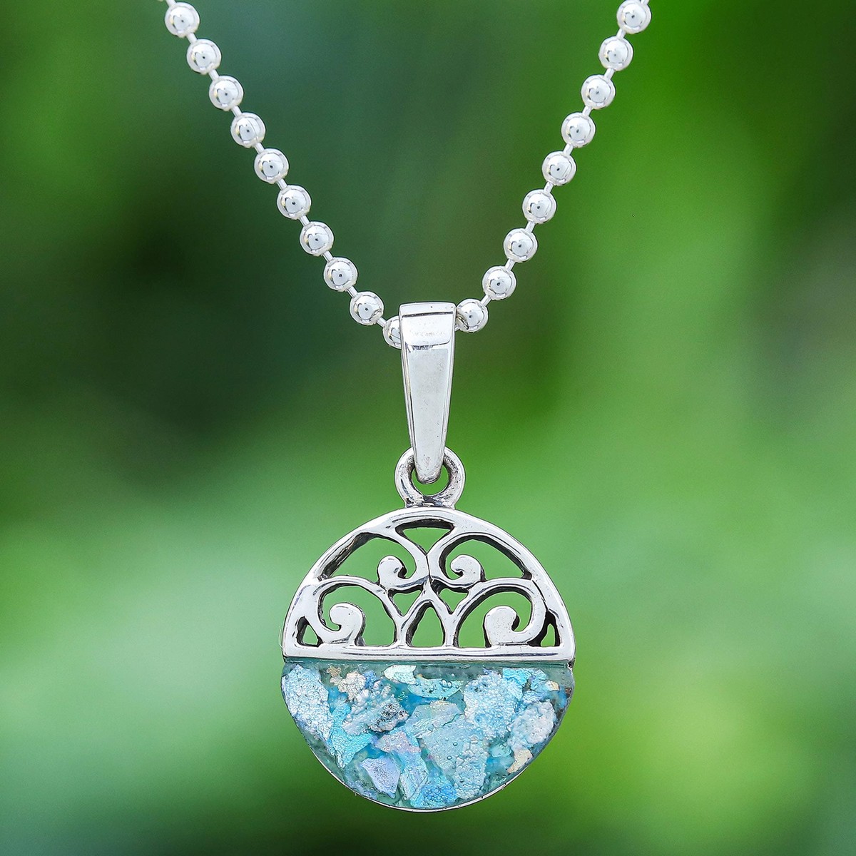 Hand Crafted Roman Glass Pendant Necklace – Morning Moon