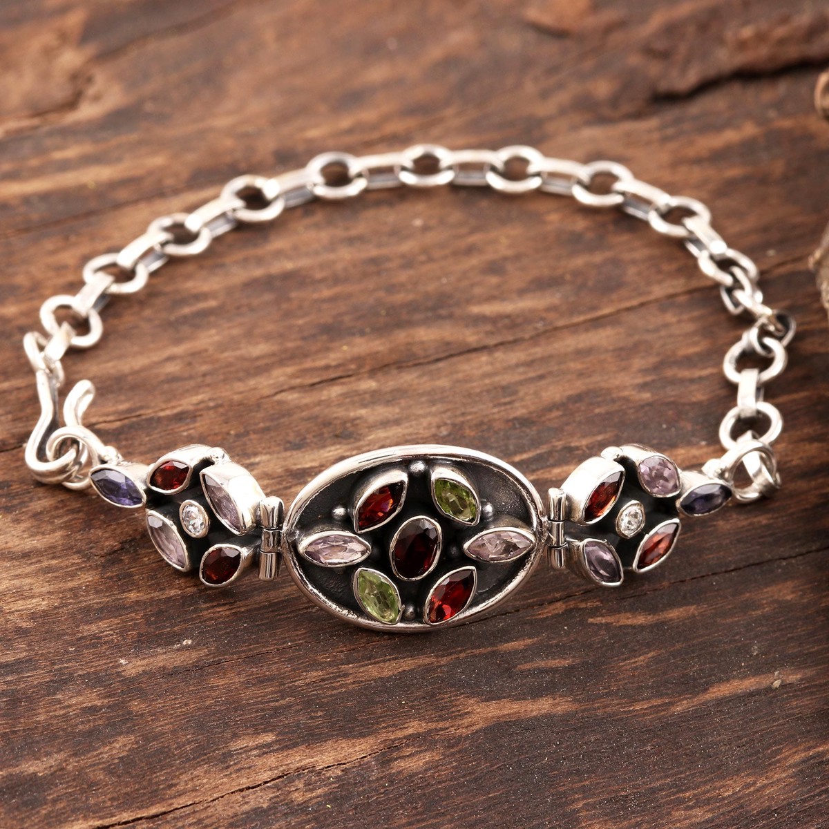 Hand Crafted Sterling Silver Multigem Link Bracelet – Lucky Triad