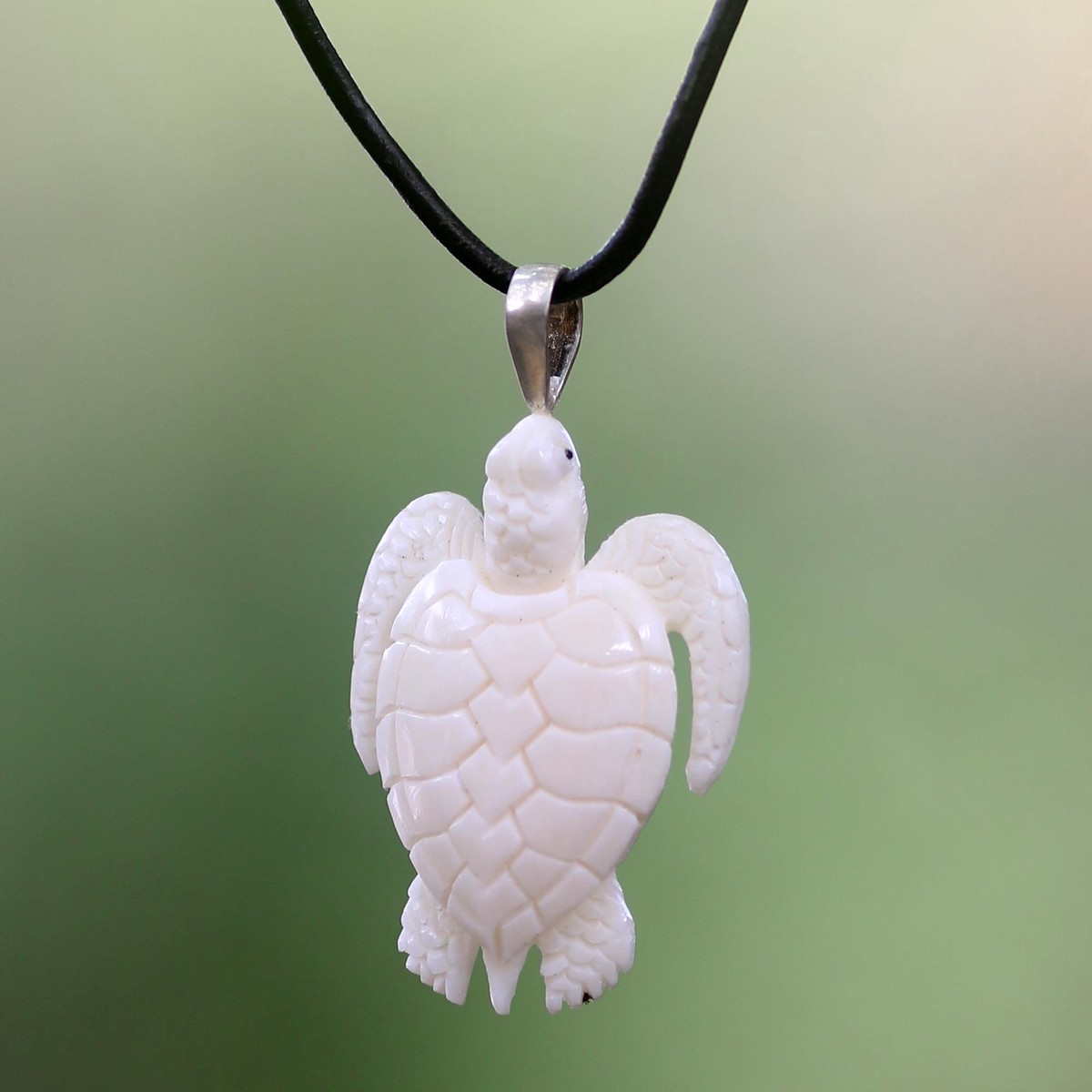 Hand Crafted White Turtle Pendant on Leather Cord Necklace – White Turtle