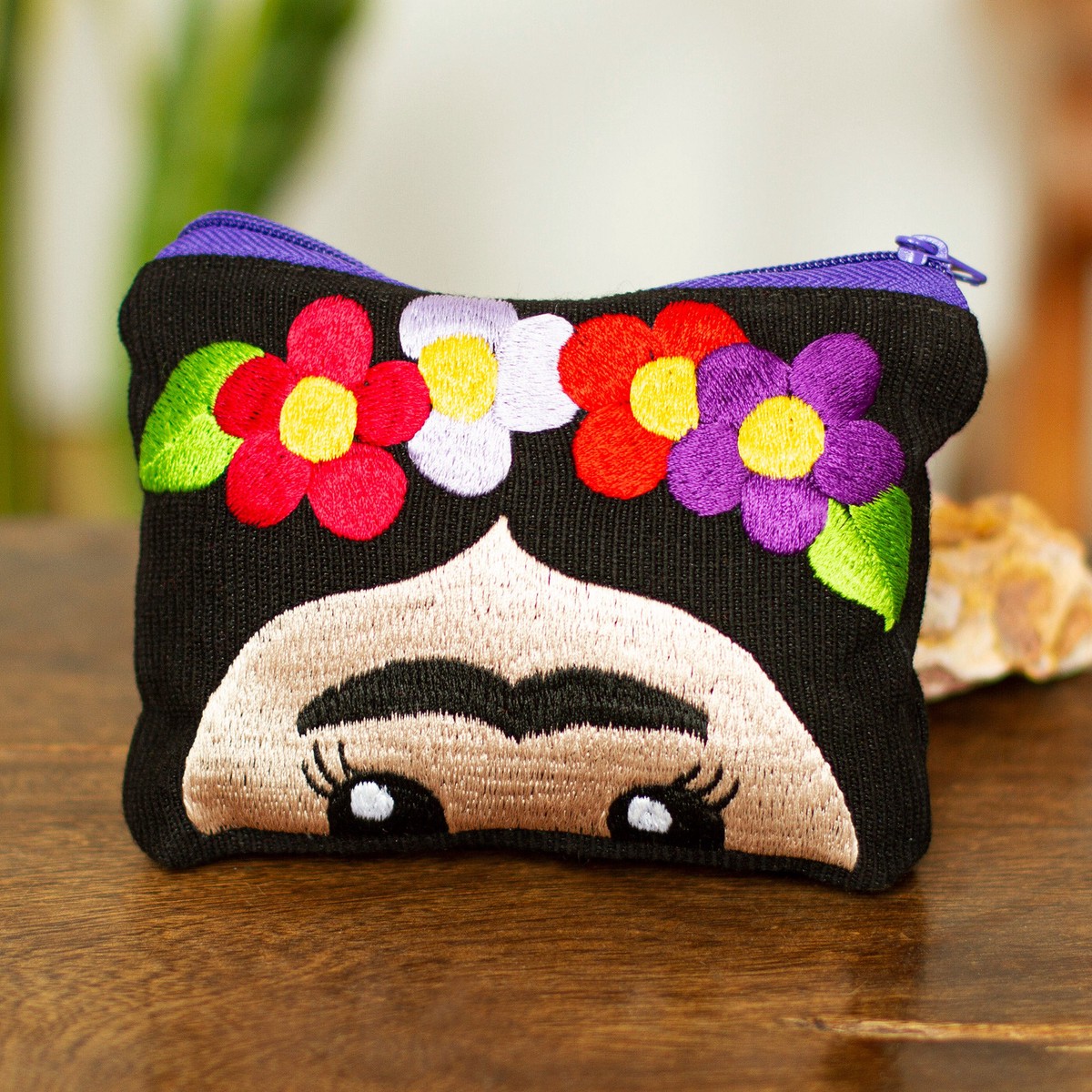 Hand Embroidered Cotton Cosmetic Bag from Mexico – Frida with Flowers