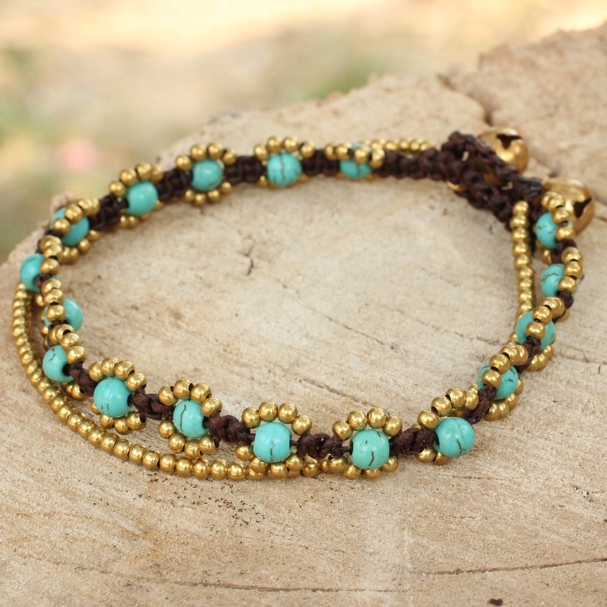 Hand Knotted Beaded Bracelet with Calcite and Brass Bells – Serene Sky