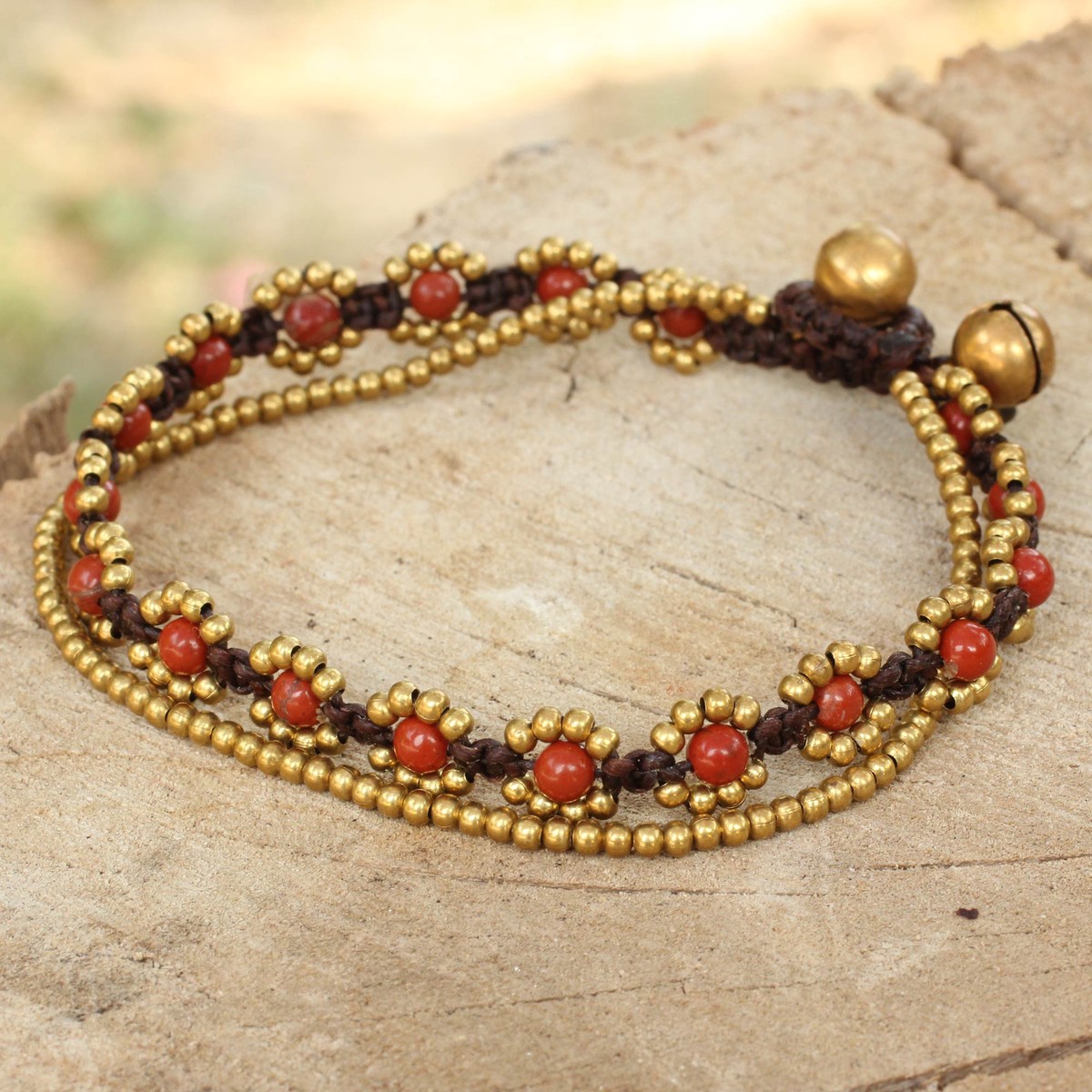 Hand Knotted Beaded Bracelet with Jasper and Brass Bells – Fiery Sky