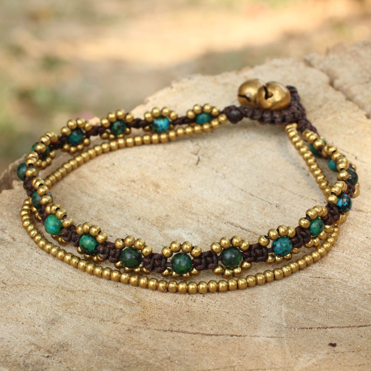 Hand Knotted Beaded Bracelet with Serpentine and Brass Bells – Serene Forest
