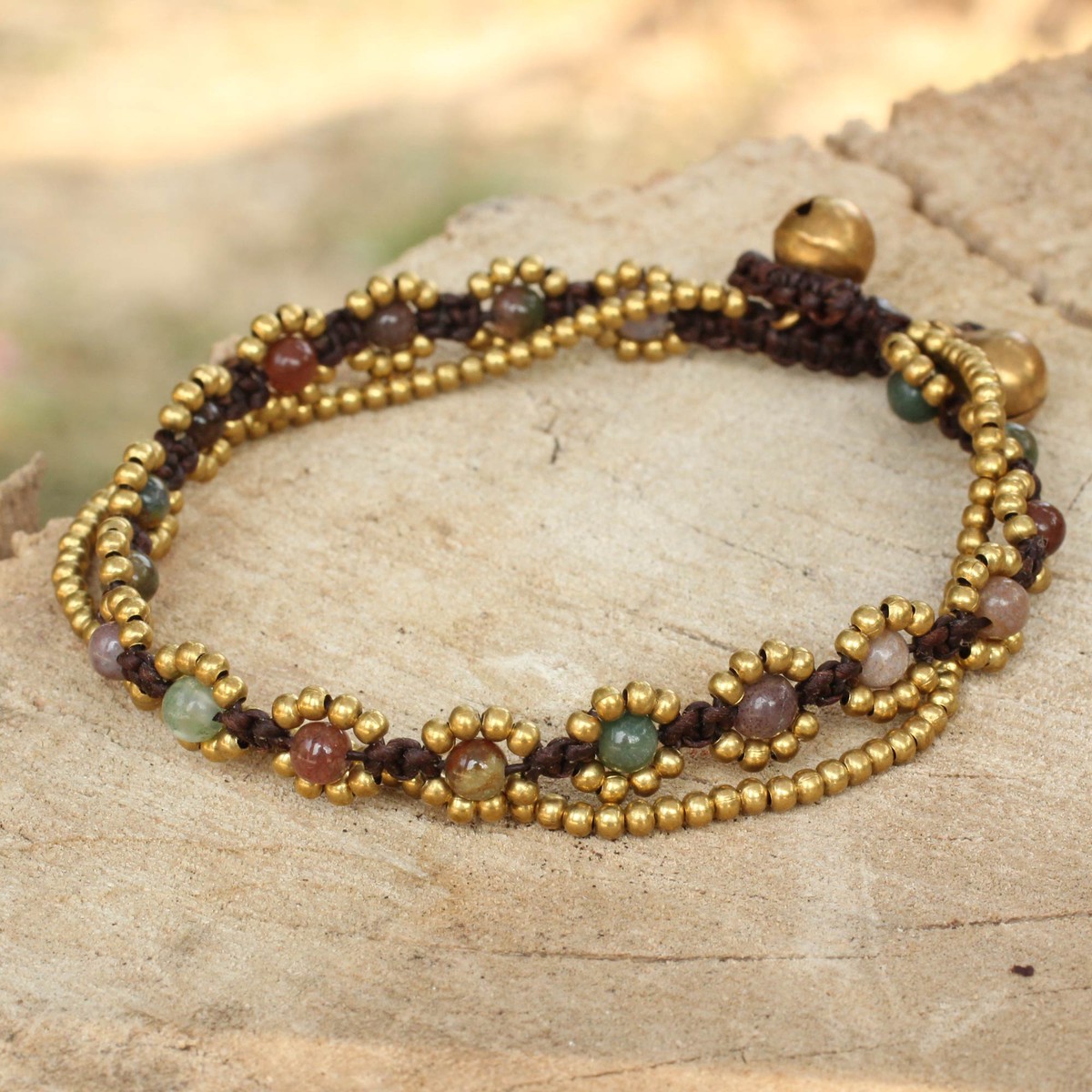 Hand Knotted Jasper Beaded Bracelet with Brass Bell – Festive Day