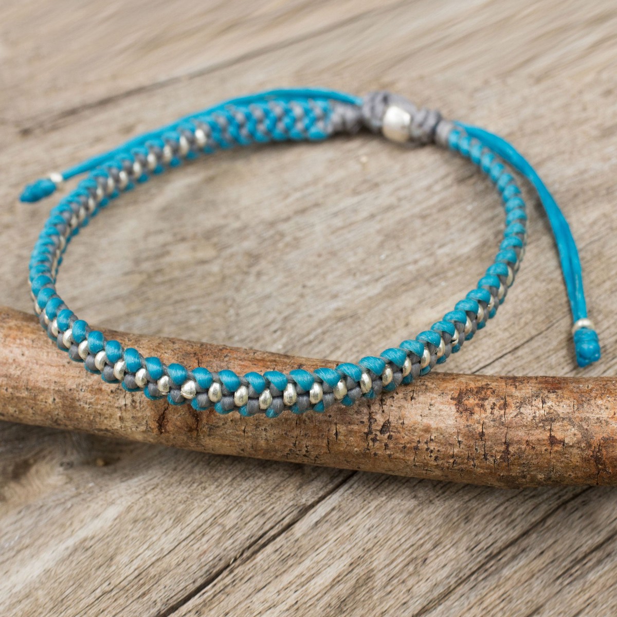 Hand Knotted Macrame Bracelet with Hill Tribe Silver Beads – Blue Grey Progression