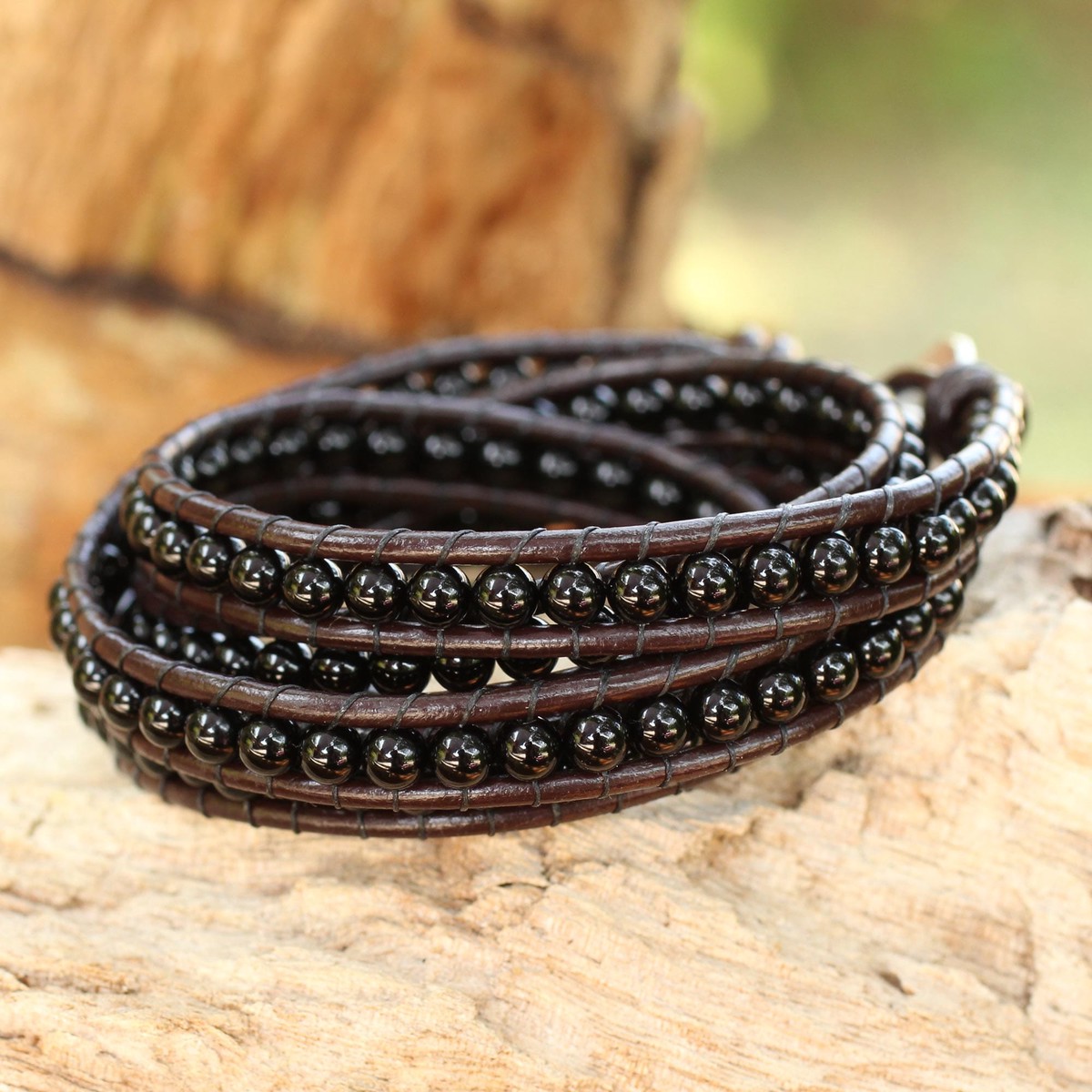 Hand Knotted Onyx and Leather Wrap Bracelet from Thailand – Black Sun