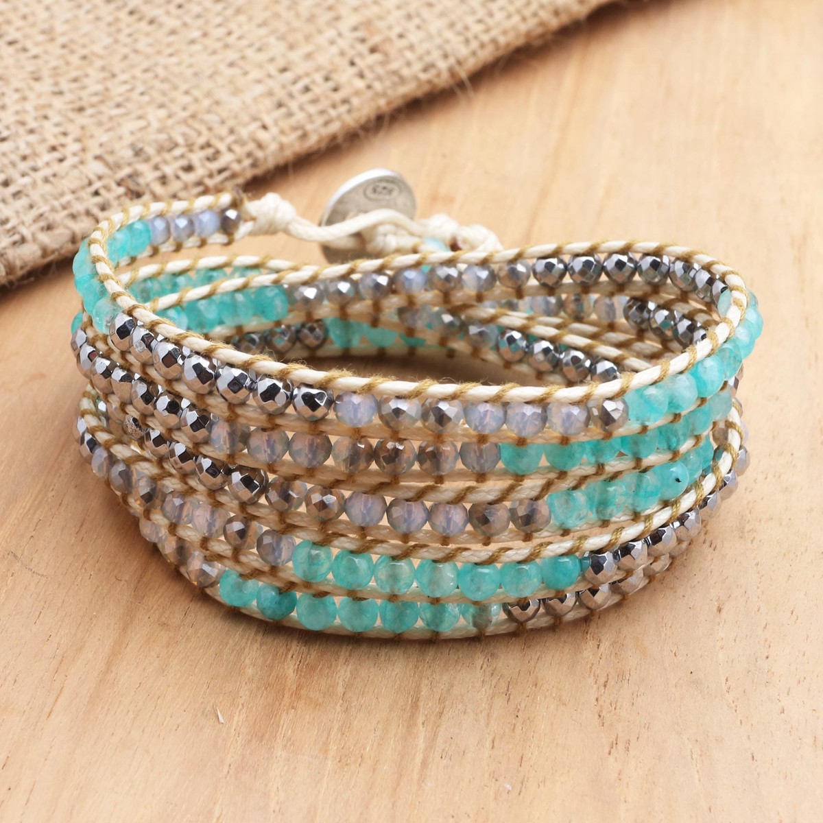 Hand Made Amazonite and Hematite Beaded Wrap Bracelet – Sea Ice