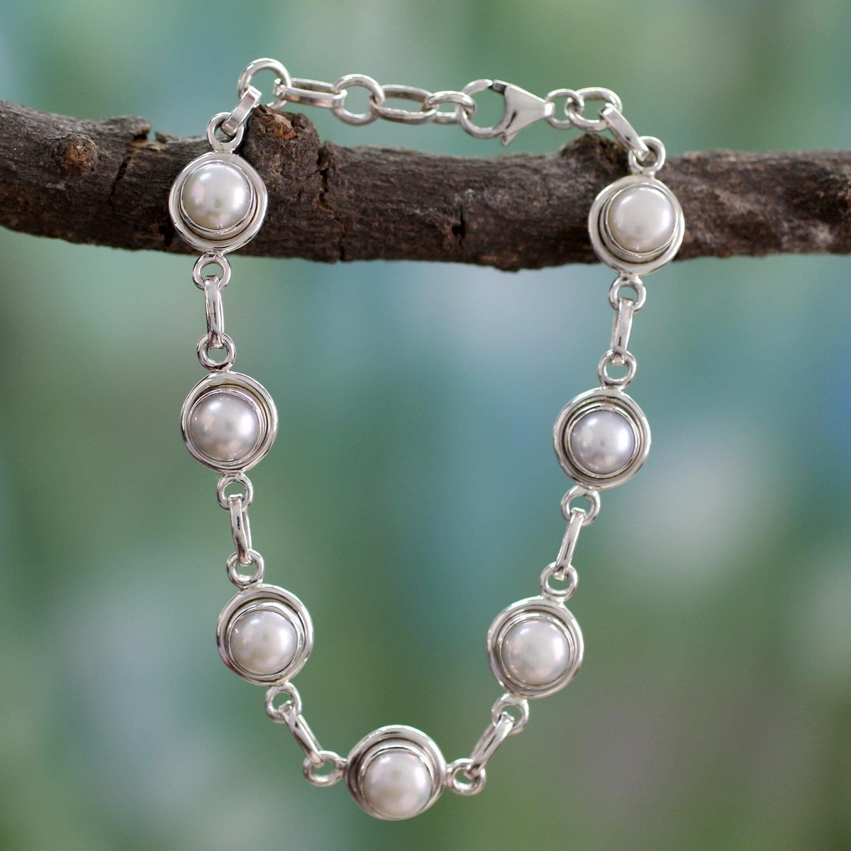 Hand Made Bridal Sterling Silver Link Pearl Bracelet – White Cloud