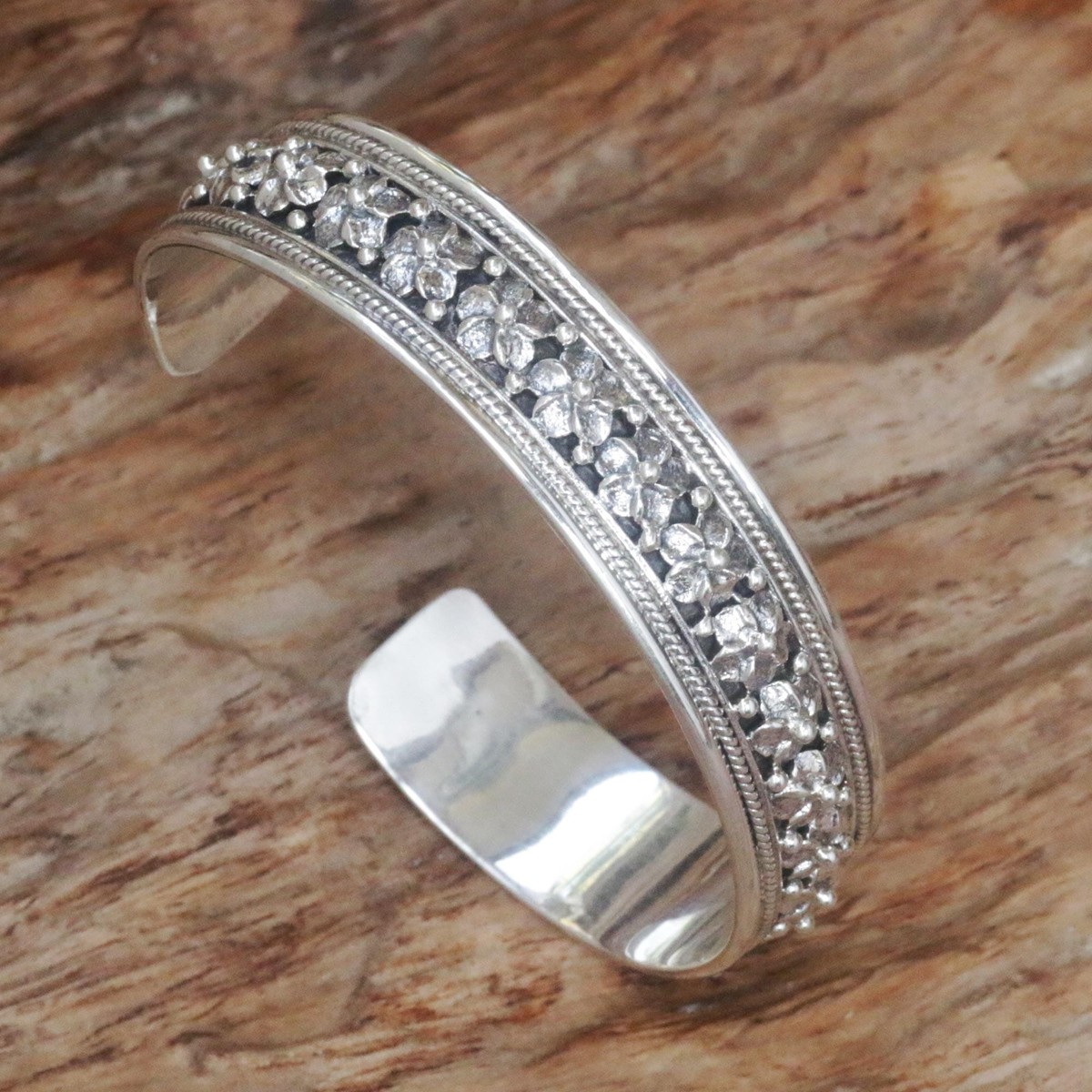 Hand Made Sterling Silver Floral Cuff Bracelet Indonesia - Frangipani Line