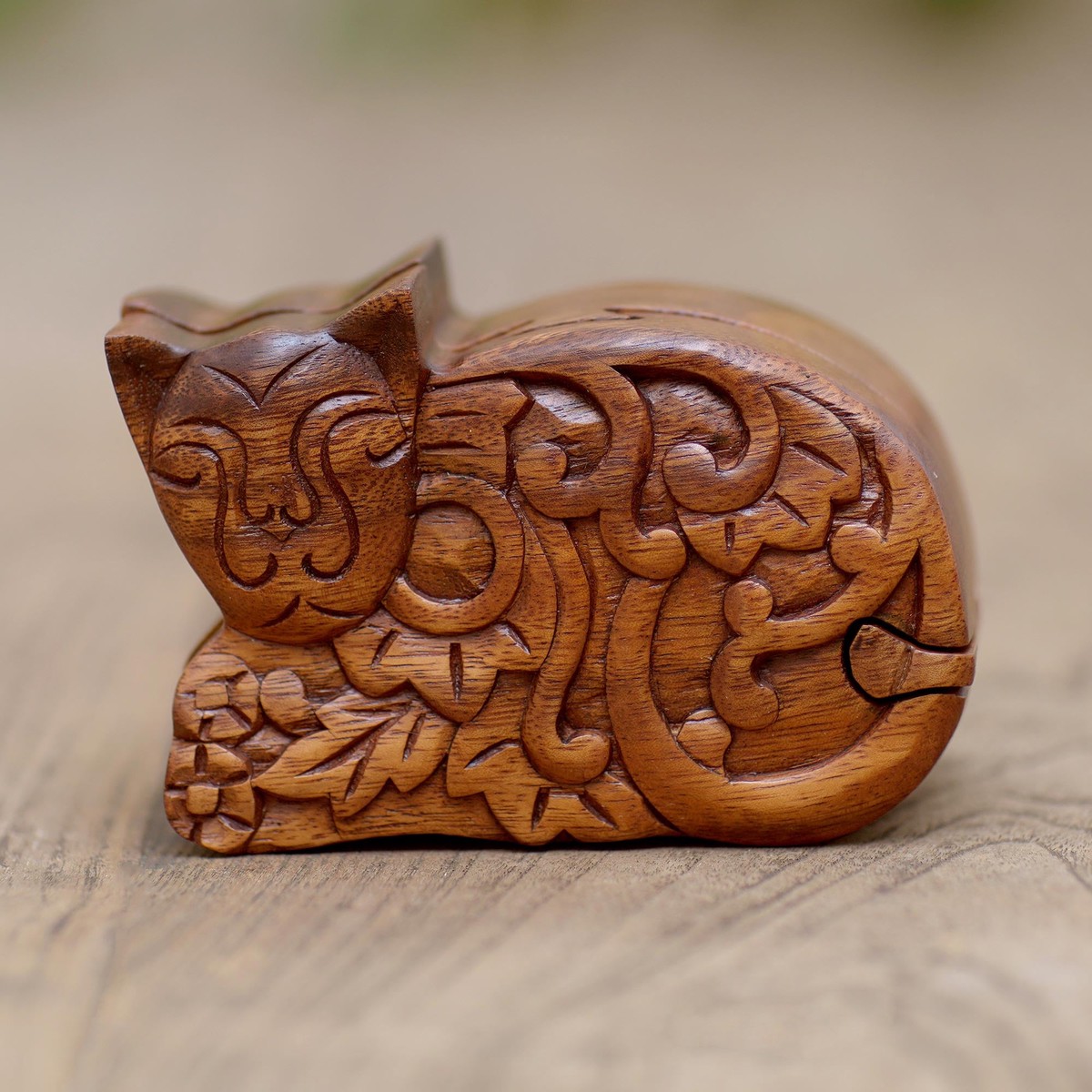 Hand Made Suar Wood Cat Puzzle Box – Sleepy Cat