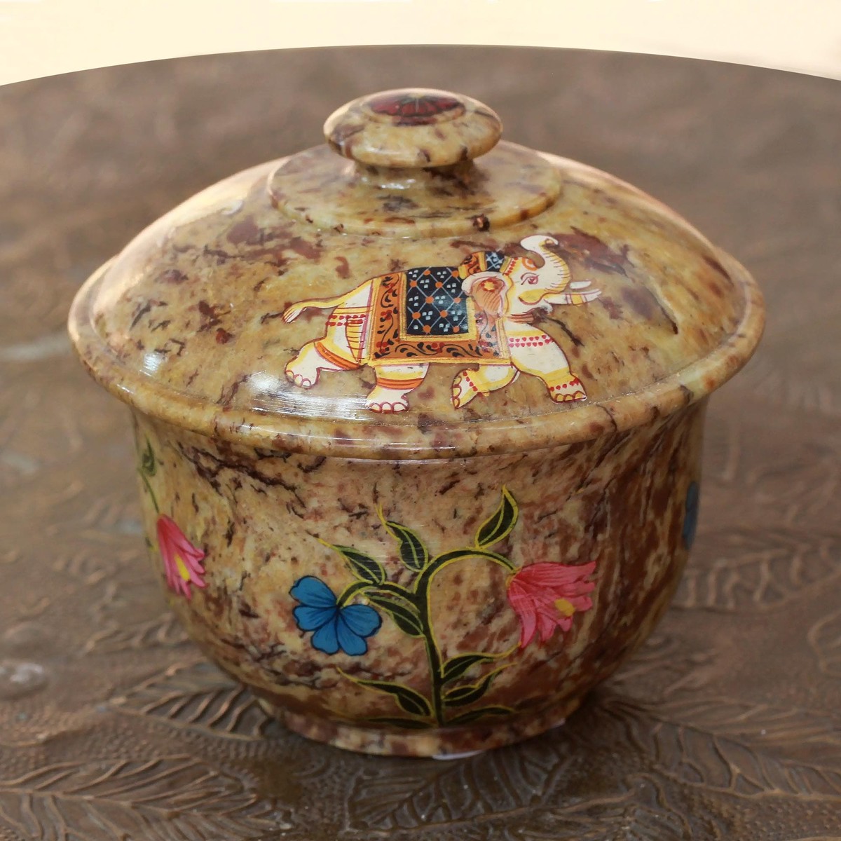 Hand Painted Elephant Motif Soapstone Box and Lid – Elephant Garden