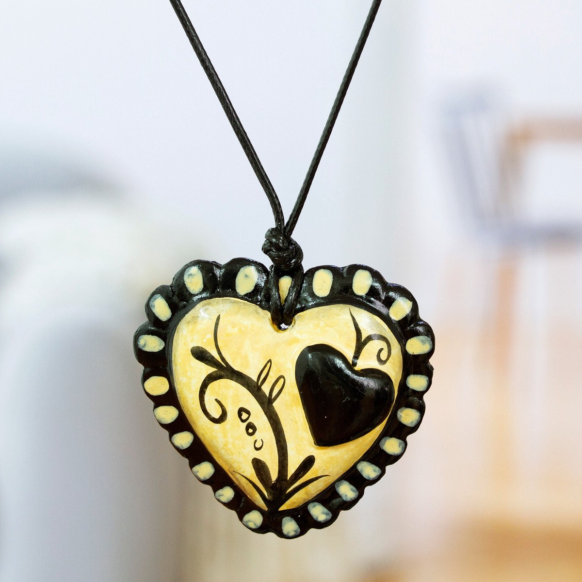 Hand Painted Black & Beige Papier Mache Heart Necklace – Two Loving Hearts