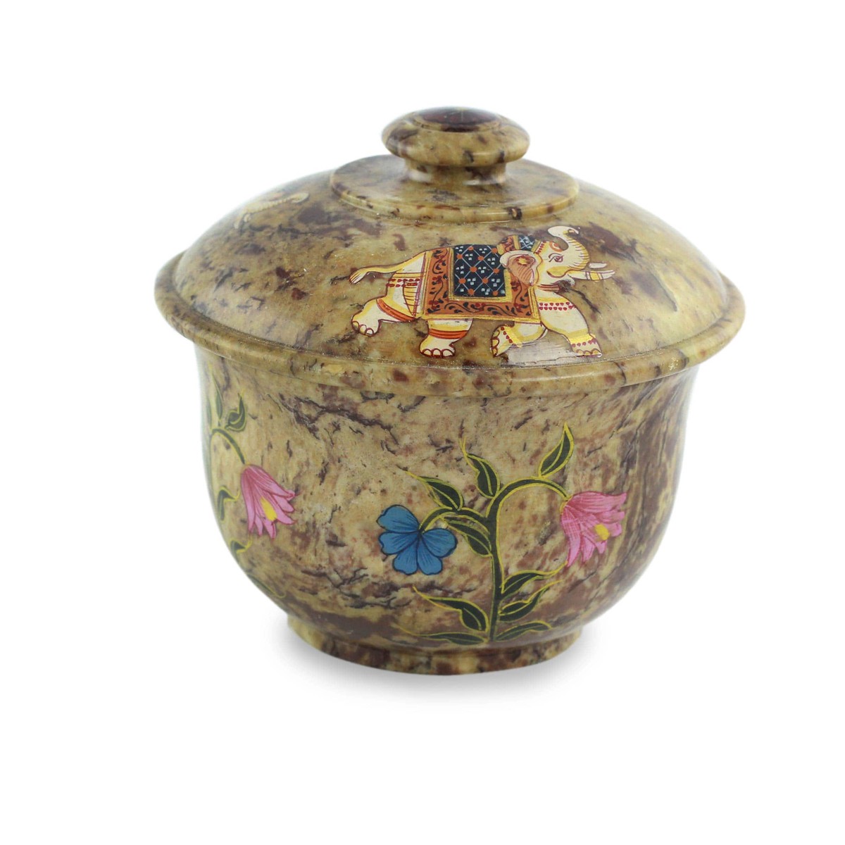 Hand Painted Elephant Motif Soapstone Box and Lid – Elephant Garden (member)