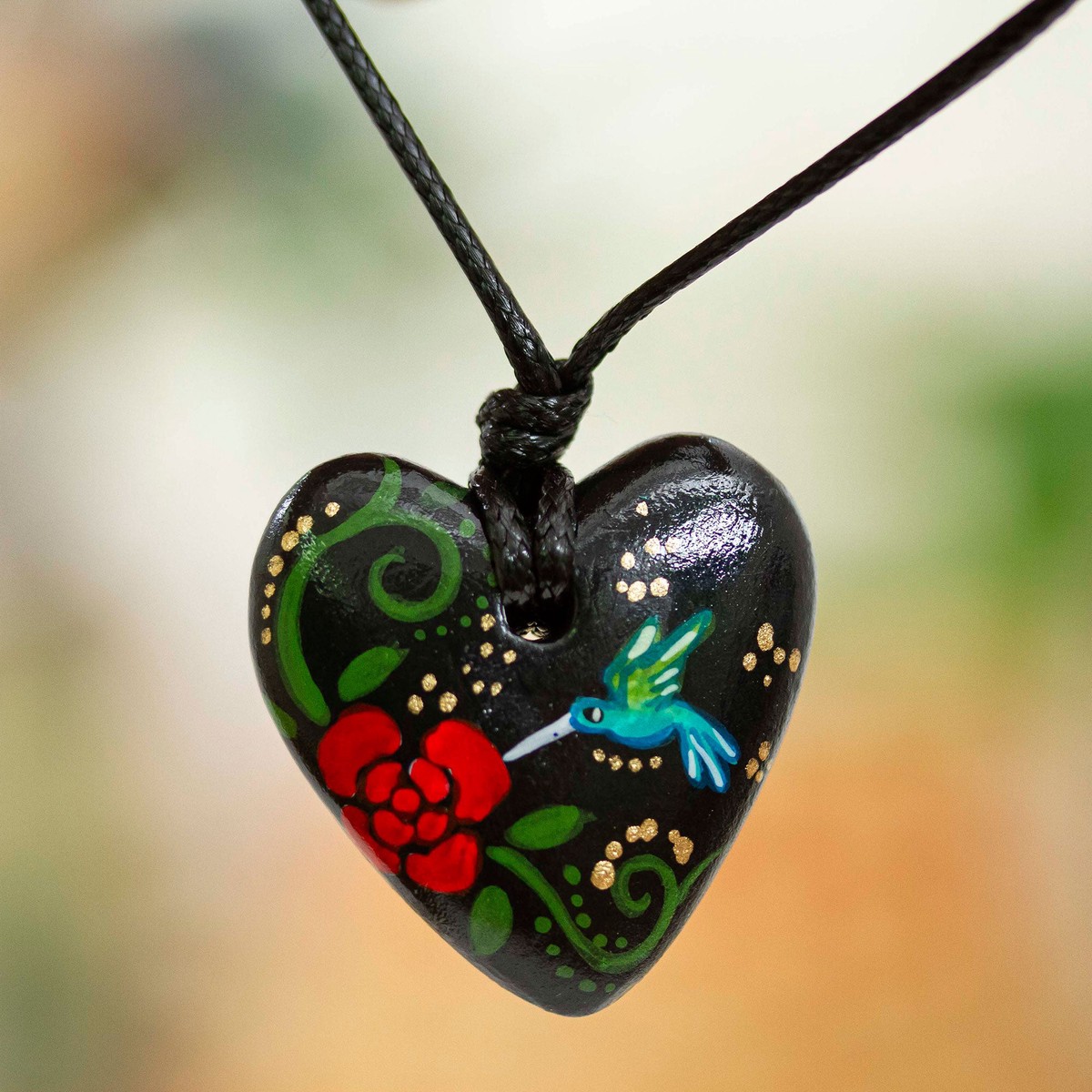 Hand Painted Heart Shaped Hummingbird Pendant Necklace – Night Hummingbird Heart