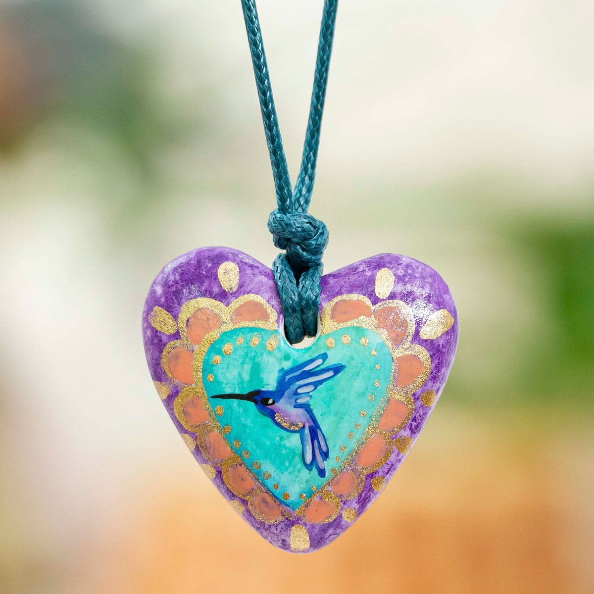 Hand Painted Heart Shaped Hummingbird Pendant Necklace – Purple Hummingbird Heart