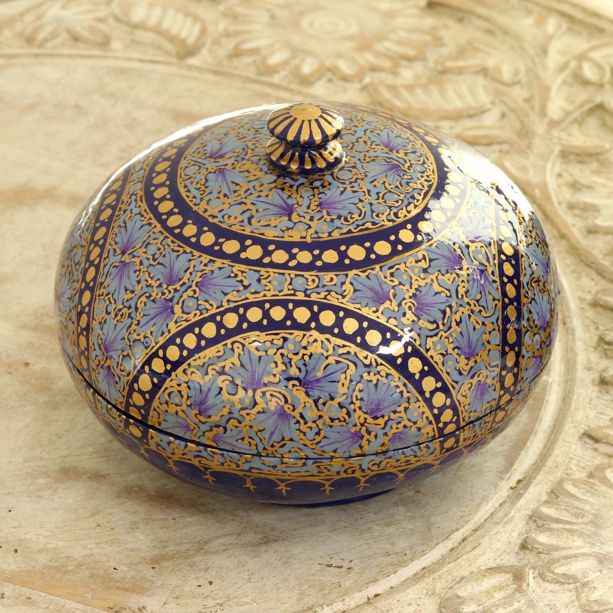 Hand Painted Papier Mache Decorative Round Box – Kashmir Indigo