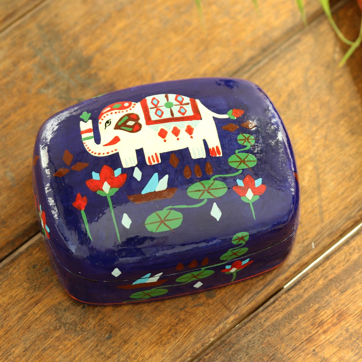 Hand Painted Papier Mache Elephant-Motif Box – Midnight Tale