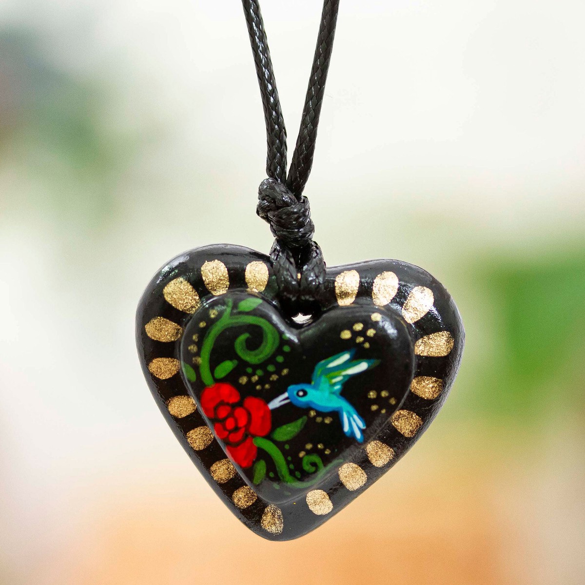 Hand Painted Heart Shaped Hummingbird Pendant Necklace – Golden Night Hummingbird