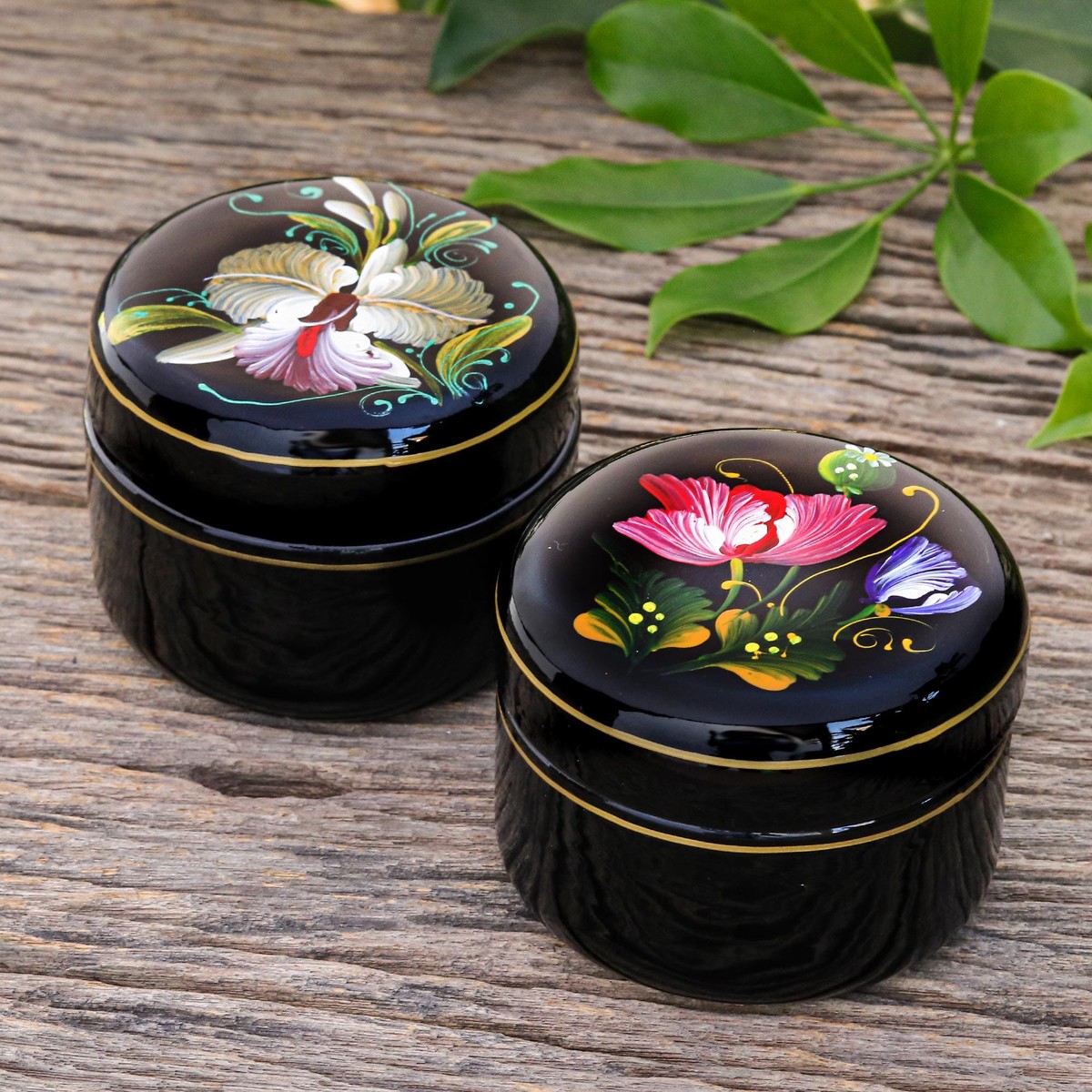 Hand Painted Lacquerware Wood Boxes (Pair) – Orchid and Poppy