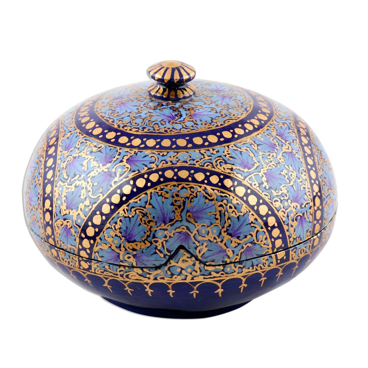 Hand Painted Papier Mache Decorative Round Box – Kashmir Indigo (member)