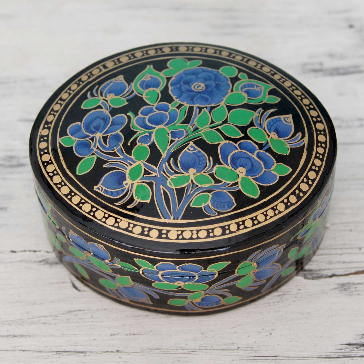 Hand Painted Papier Mache Round Decorative Box – Blue Grandeur