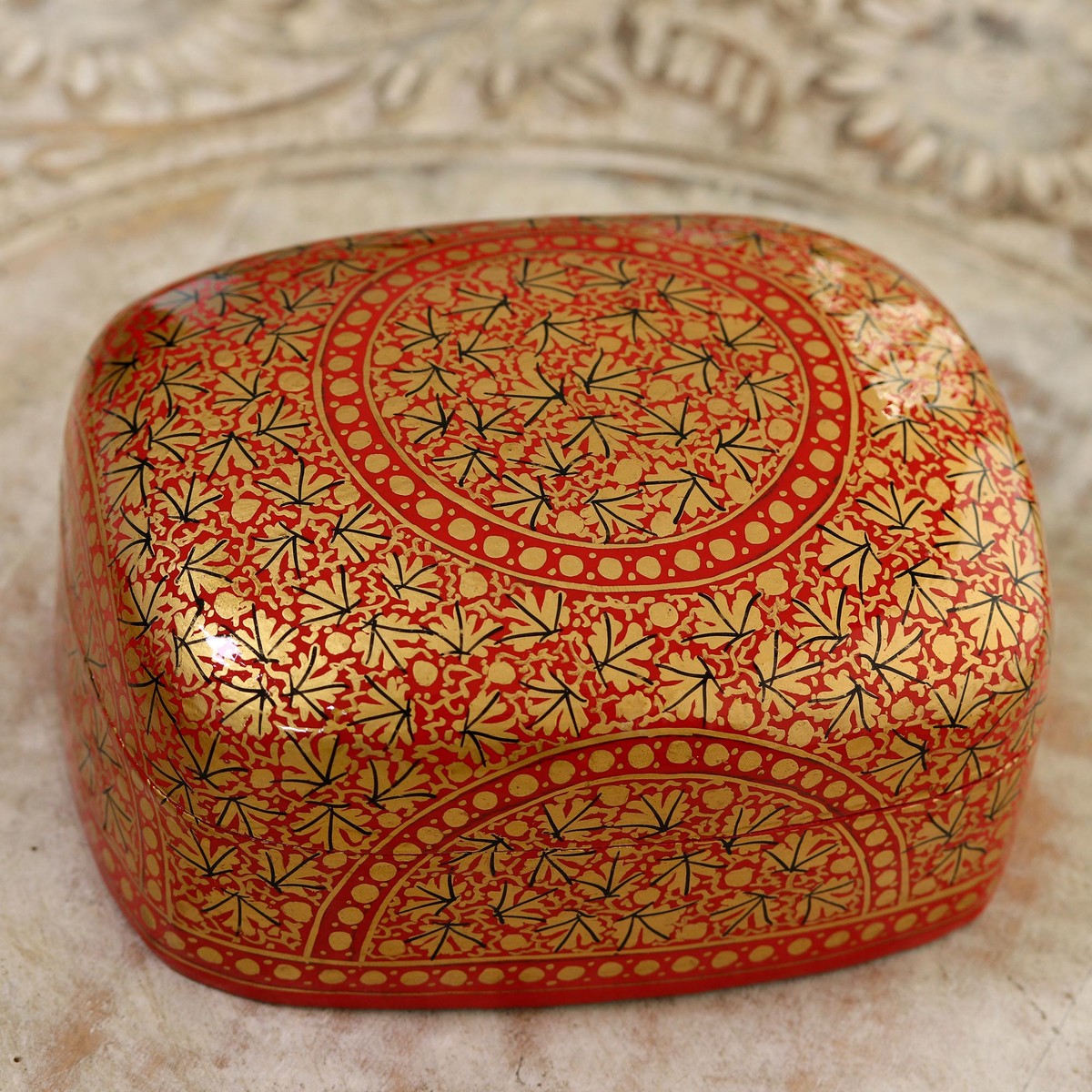 Hand Painted Red and Gold Papier Mache Box – Kashmir Coffer