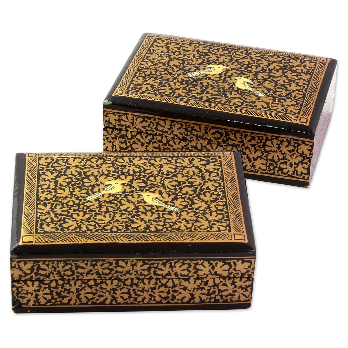 Hand Painted Wood Mini Decorative Boxes (Pair) from India – Avian Whispers in Gold (member)