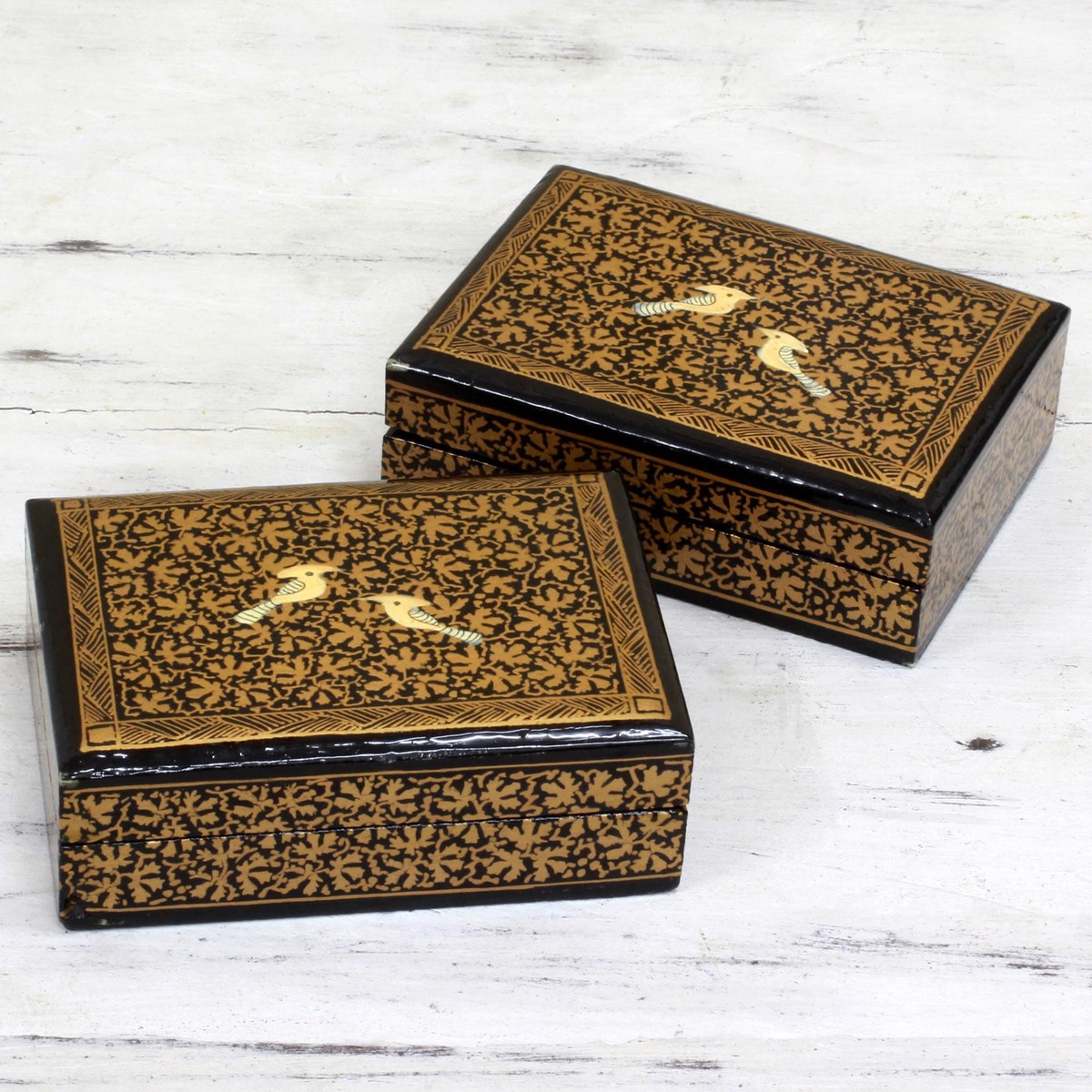 Hand Painted Wood Mini Decorative Boxes (Pair) from India – Avian Whispers in Gold