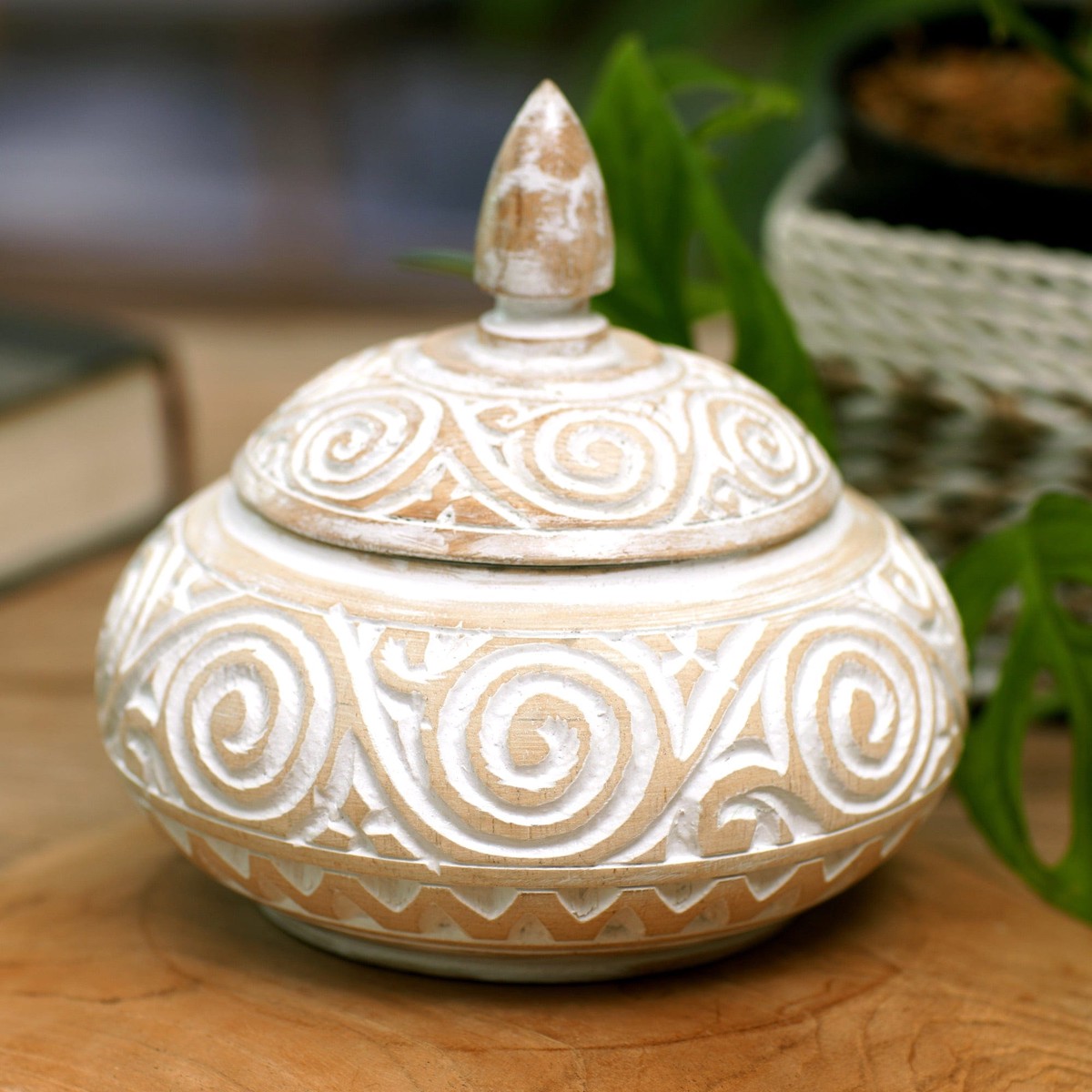 Hand-Carved Albesia Wood Decorative Box with Rustic Finish - Island Secret
