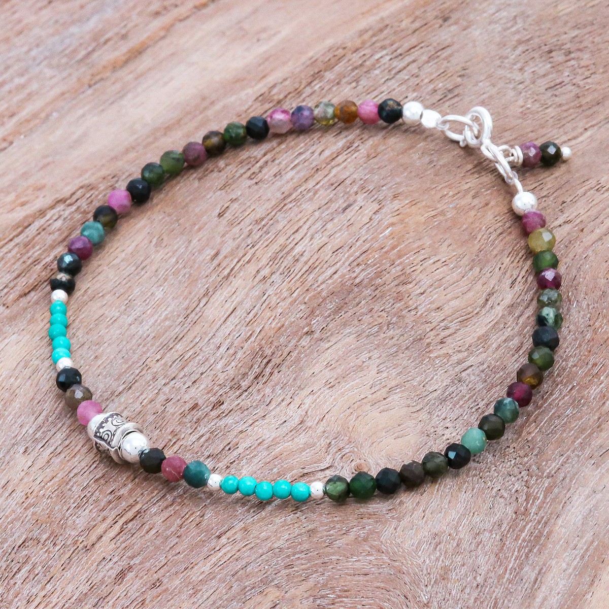 Hand Threaded Tourmaline and Sterling Silver Beaded Bracelet - Nexus in Pink