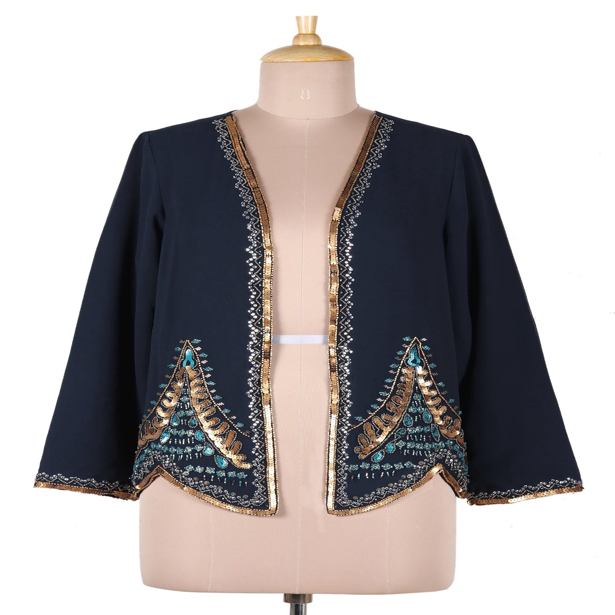 Hand-Beaded Open-Front Jacket from India – Glitz and Glamour in Blue – M