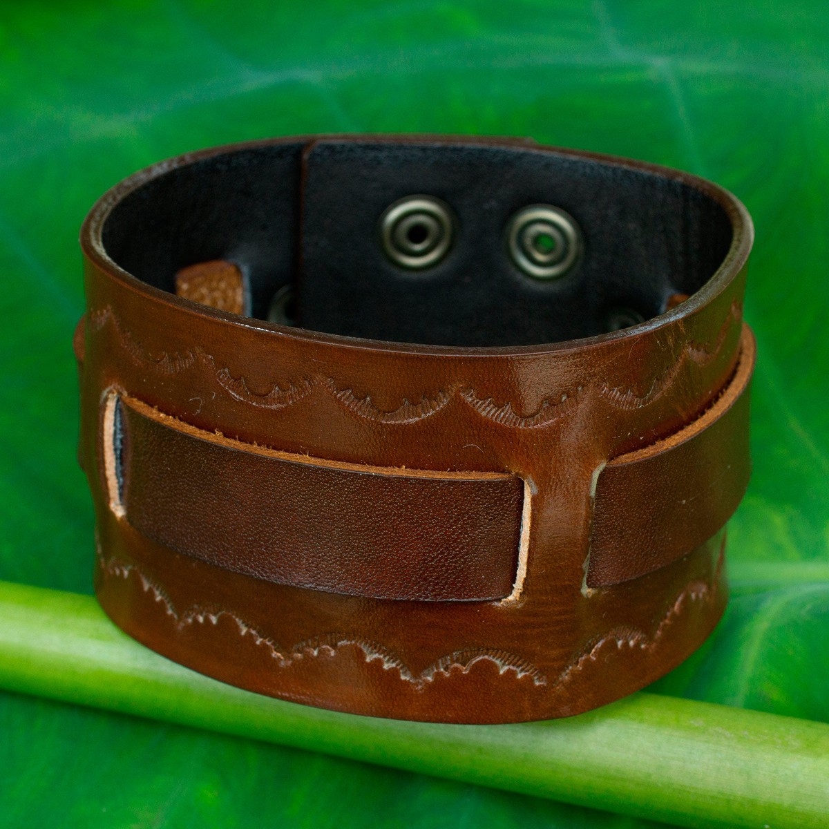 Hand Tooled Brown Leather Wristband Bracelet for Men - Western Brown