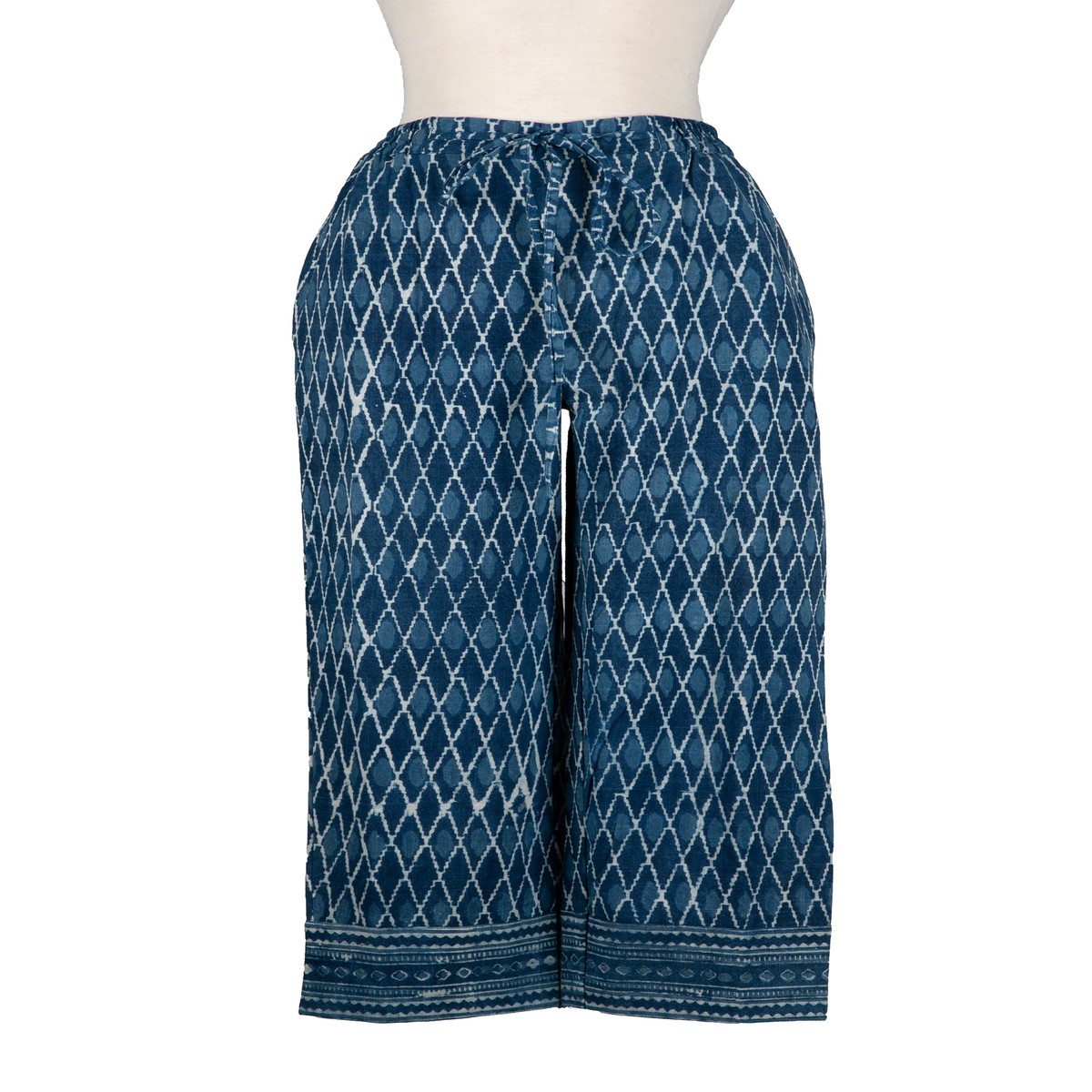 Hand-Block Printed Diamond-Themed Cyan and Blue Cotton Pants – Blue City – M