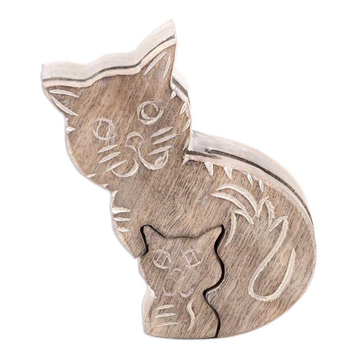 Hand-Carved Cat Themed Wood Puzzle Box from India - Cheeky Friends (member)