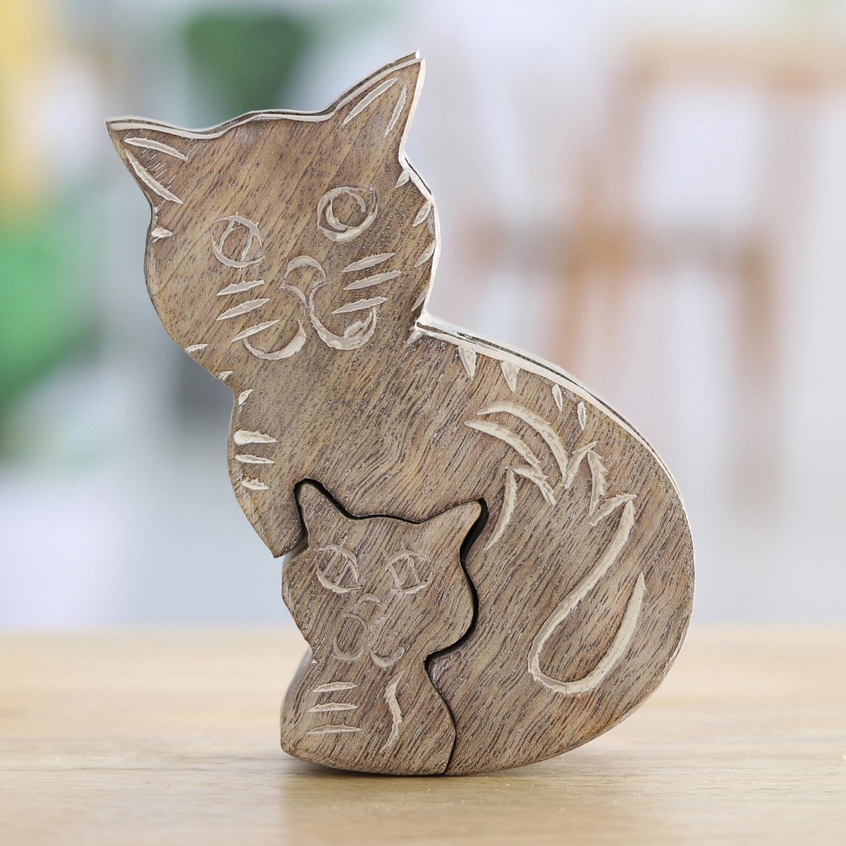 Hand-Carved Cat Themed Wood Puzzle Box from India - Cheeky Friends