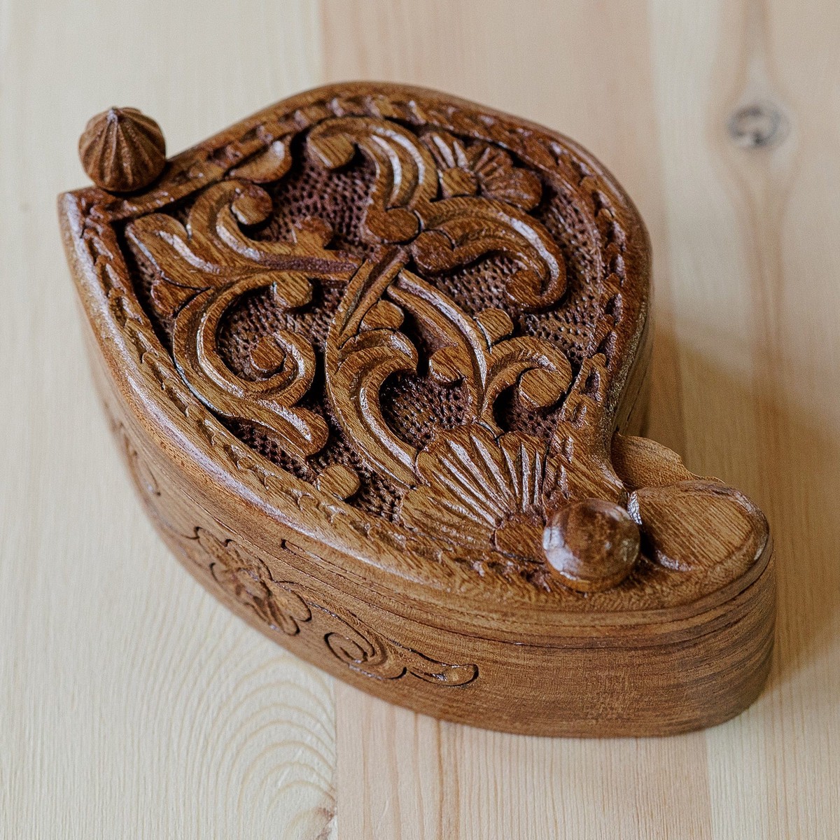 Hand-Carved Floral and Leafy Elm Tree Wood Puzzle Box - Ancient World Treasure