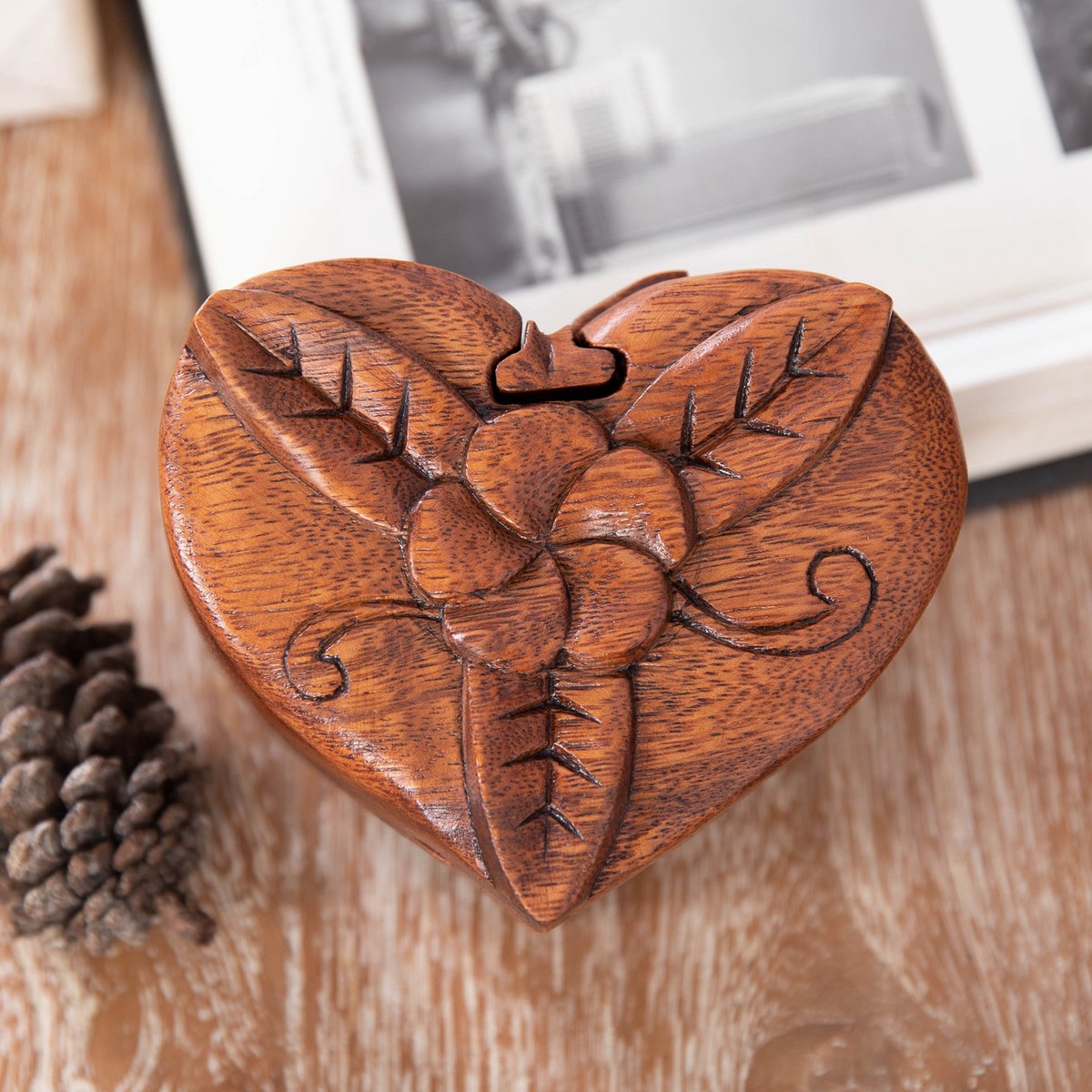 Hand-Carved Floral Brown Suar Wood Puzzle Box from Bali - Frangipani Challenge