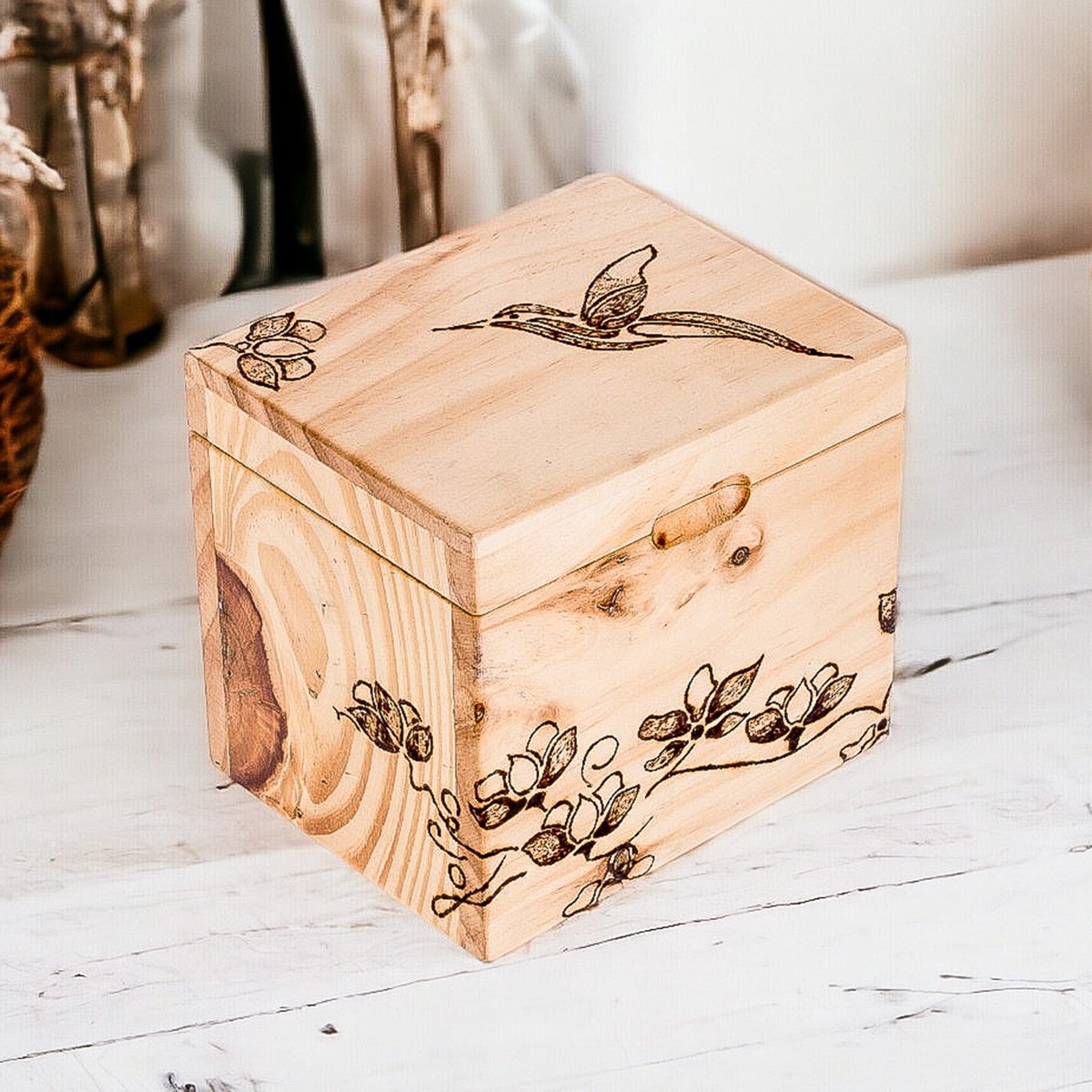 Hand-Carved Hummingbird-Themed Pinewood Decorative Box - Harmonious Traces