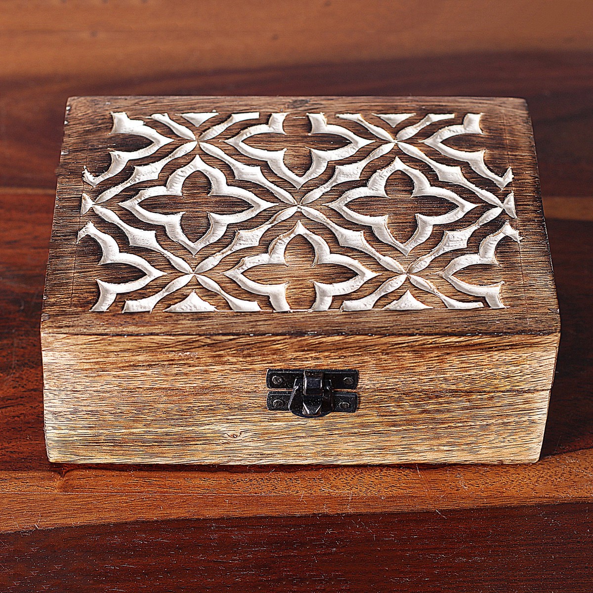Hand-Carved Jaali-Inspired Floral Mango Wood Decorative Box - Floral Veil