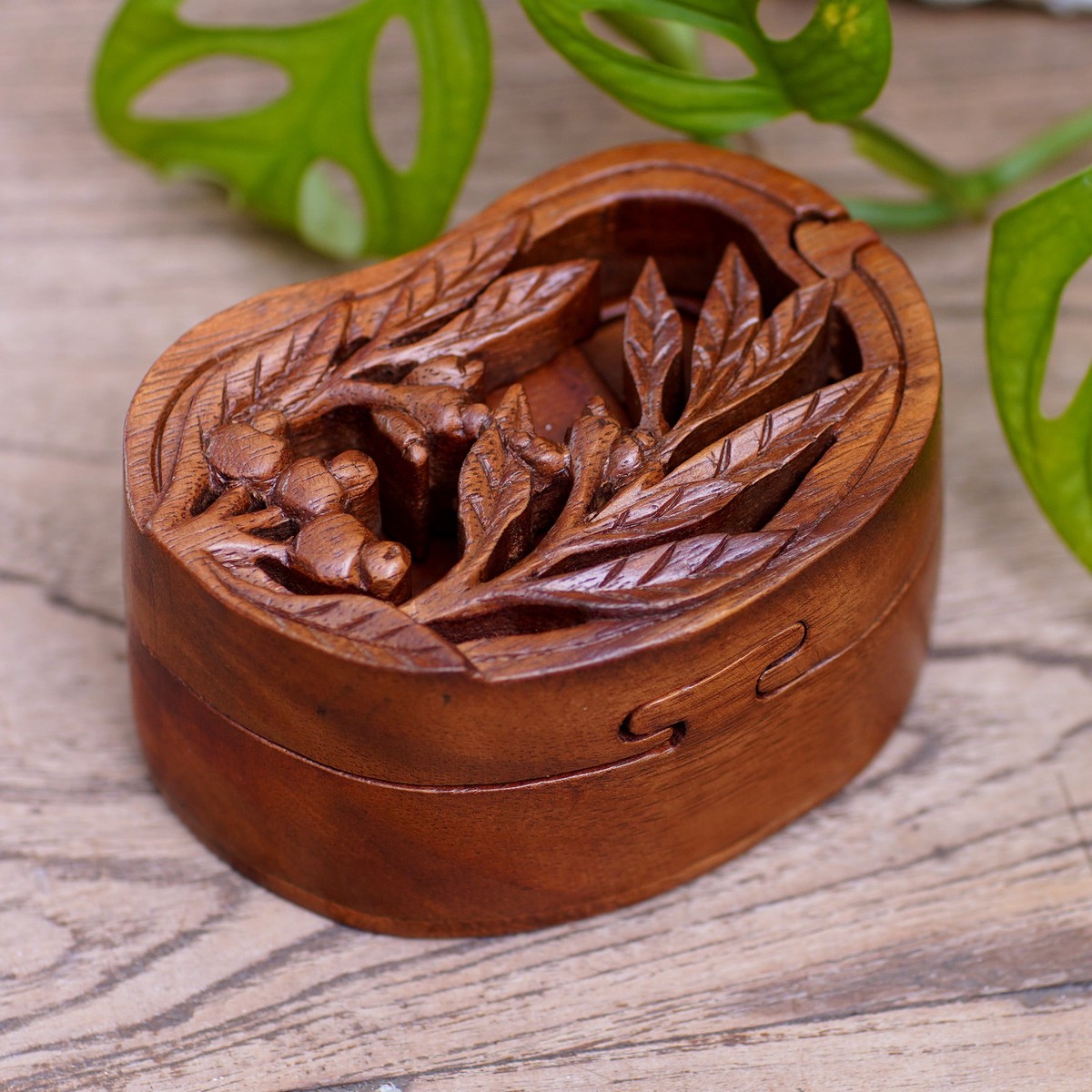 Hand-Carved Leafy Suar Wood Puzzle Box from Bali - Spring Vibes