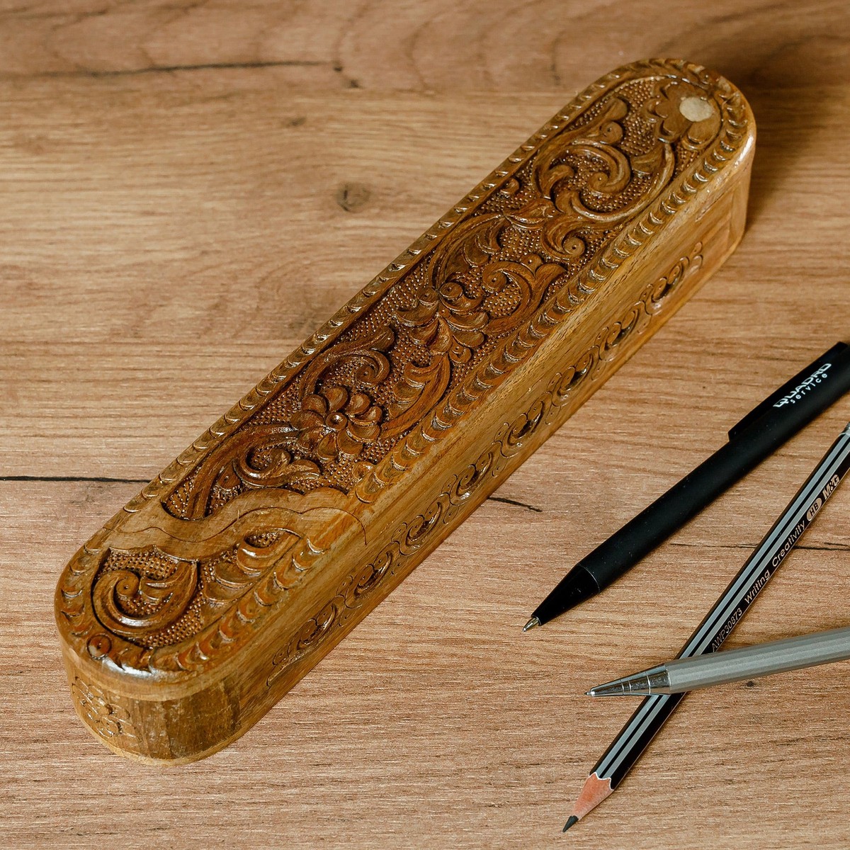 Hand-Carved Oblong Floral Walnut Wood Puzzle Box - Oblong Paradise