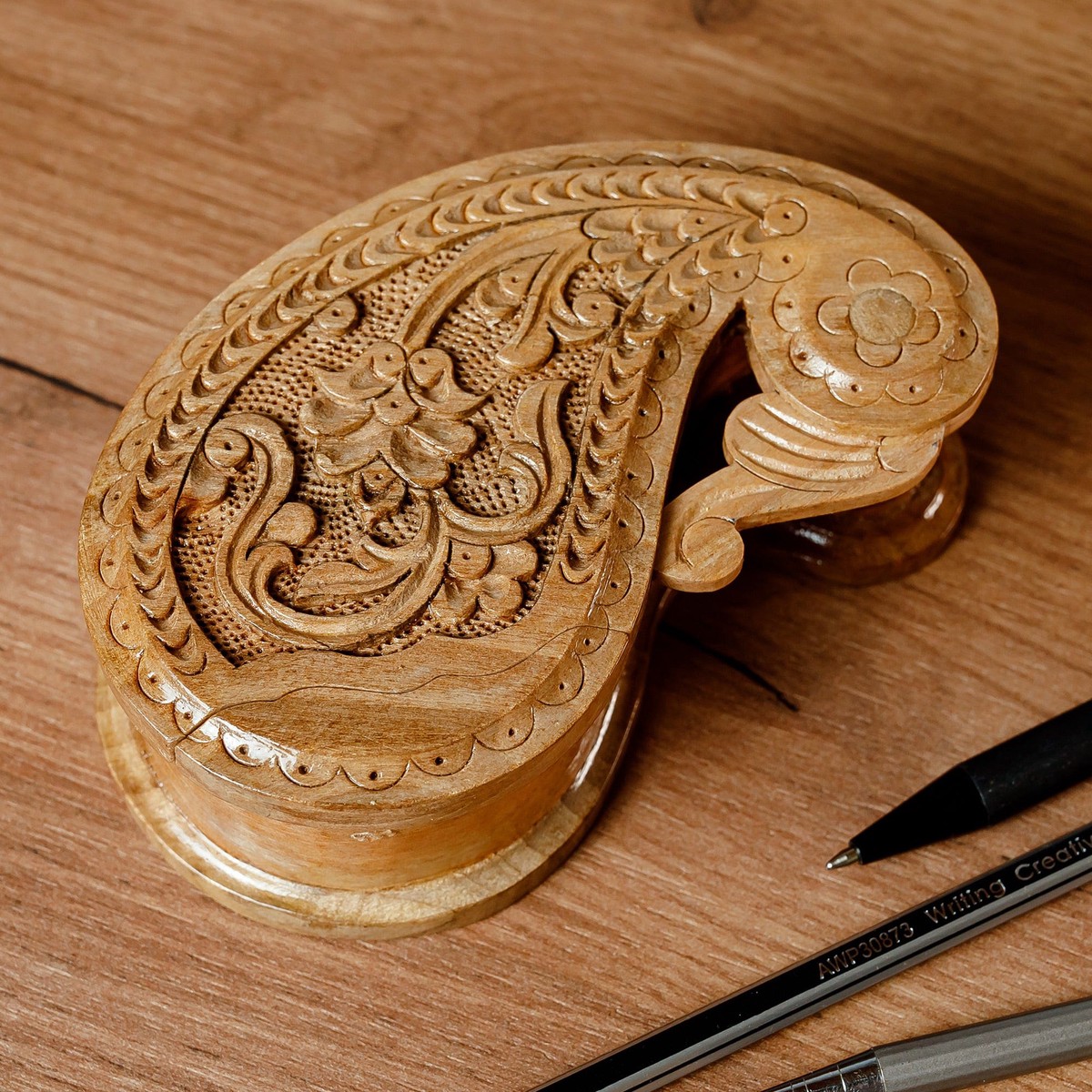 Hand-Carved Paisley-Shaped Floral Walnut Wood Puzzle Box - Portal to the Paisley Garden
