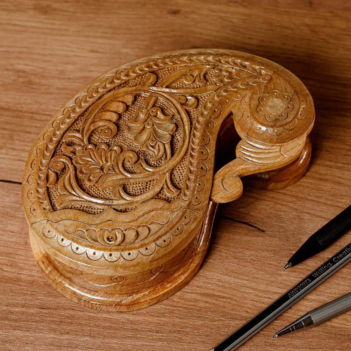 Hand-Carved Paisley-Shaped Leafy Walnut Wood Puzzle Box - Portal to the Paisley Forest