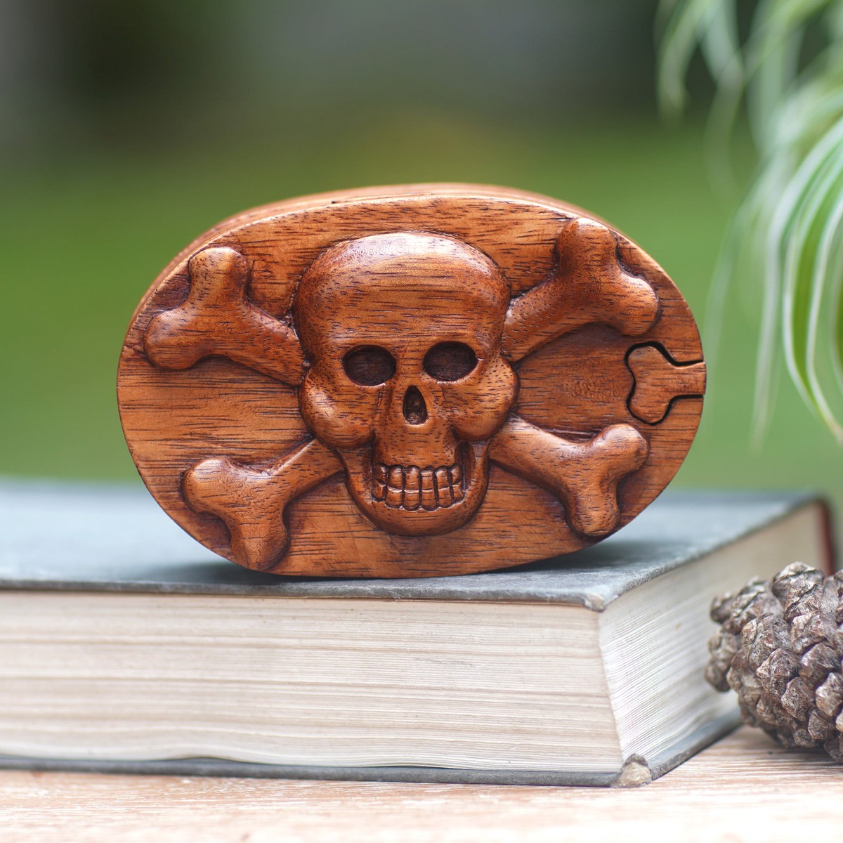 Hand-Carved Pirate-Themed Suar Wood Puzzle Box from Bali - Pirate Treasure
